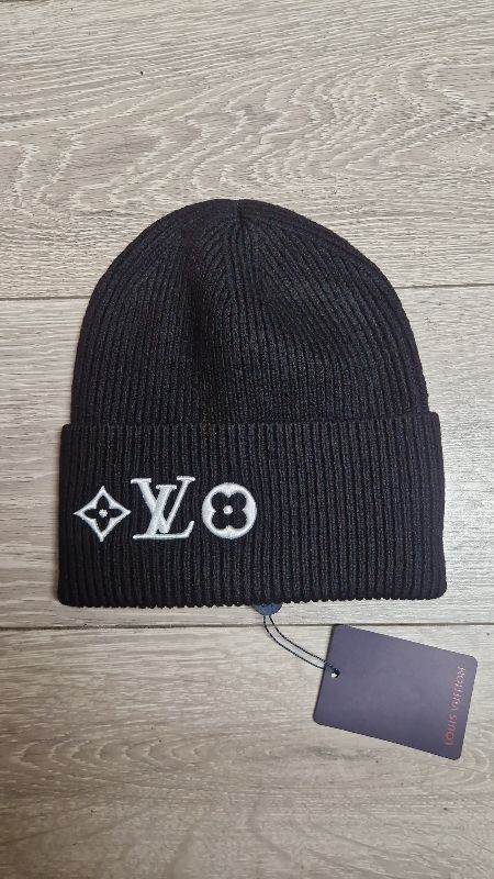 Black Louis Vuitton Knit Beanie with White Logo and Tag