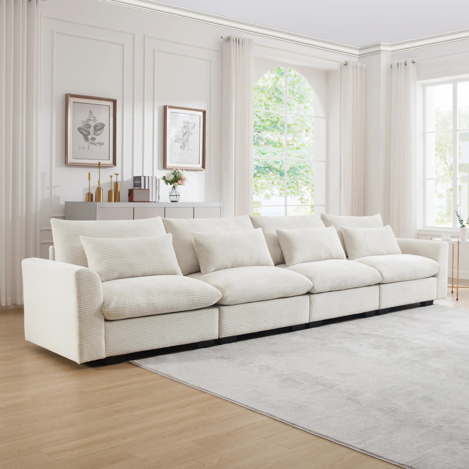 Sofás de 4 plazas con asiento profundo para sala de estar, sofás modernos de color beige aterciopelado cómodos para sala de estar con 4 almohadas lumbares W714S0064263887470701825120