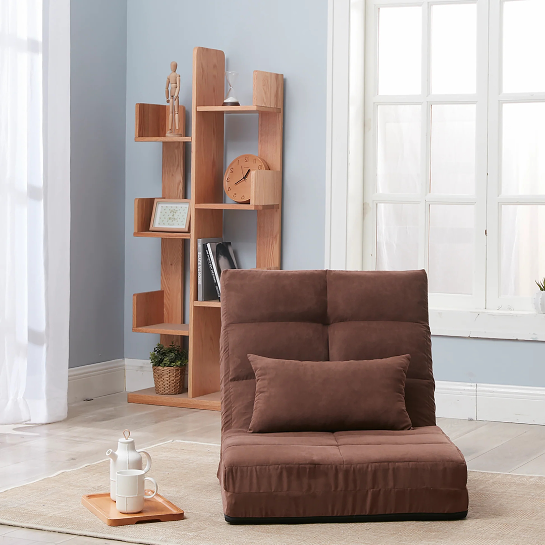 Sofá cama moderno marrón de metal plegable en tres secciones con 5 posiciones reclinables y almohada – Sofá ajustable tapizado para suelo para juegos o habitación de invitados W2443111863876829145985121