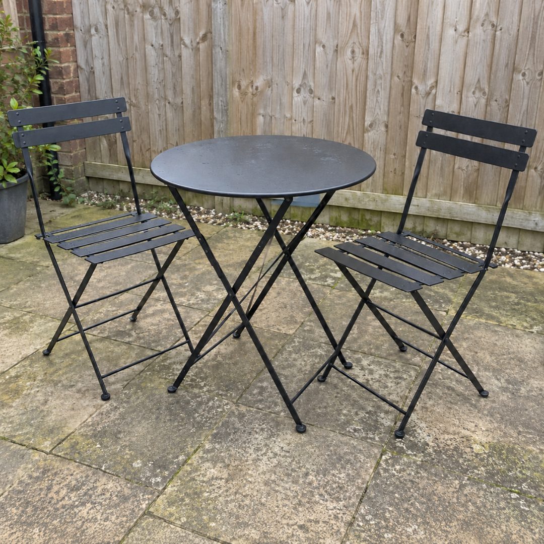 Garden Bistro Table and Two Folding Chairs for Sale