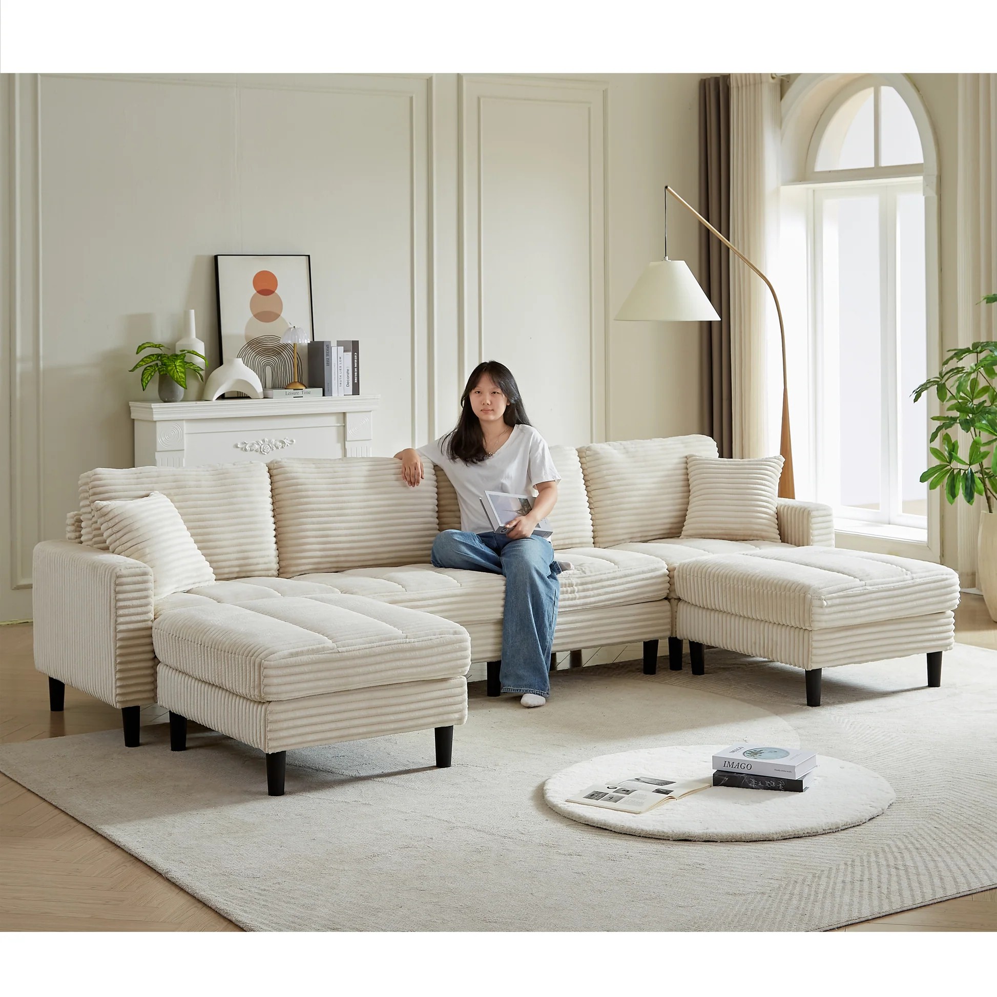 Sofá modular en forma de U extragrande de 122.5 pulgadas, sofá de tela de pana, sofá seccional para sala de estar con 2 almohadas, dos otomanas, patas de plástico, beige W1193S0012263889029222273120