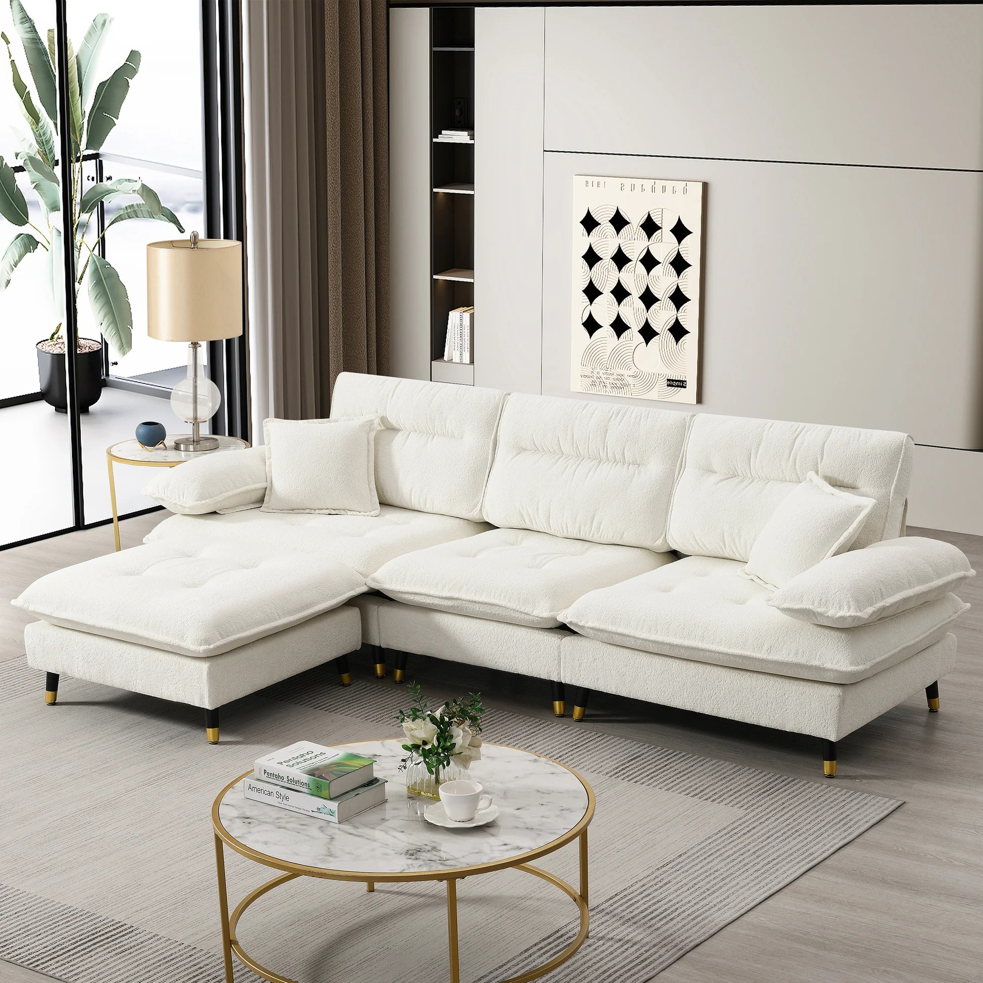106*66.5' L shaped Convertible Sectional Sofa,4 Seat Tufted Couch Set with Two-tone Adjust Legs,Cloud Chenille Fabric,Movable Ottoman for Living Room, Apartment,Office,3 Colors N723S6035A63887455569665120