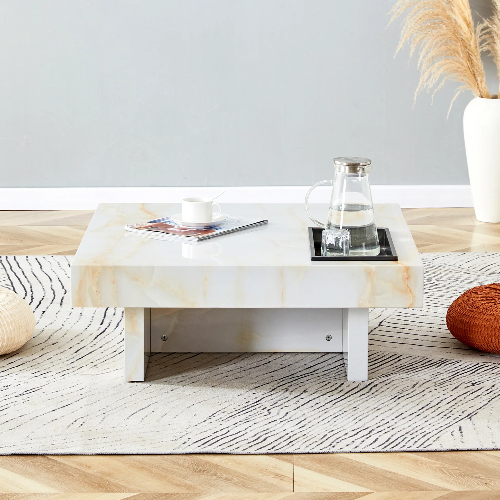 A modern and practical coffee table with imitation marble patterns, made of MDF material. The fusion of elegance and natural fashion 31.4'* 31.4'* 12 ' W115111988163932122245250121