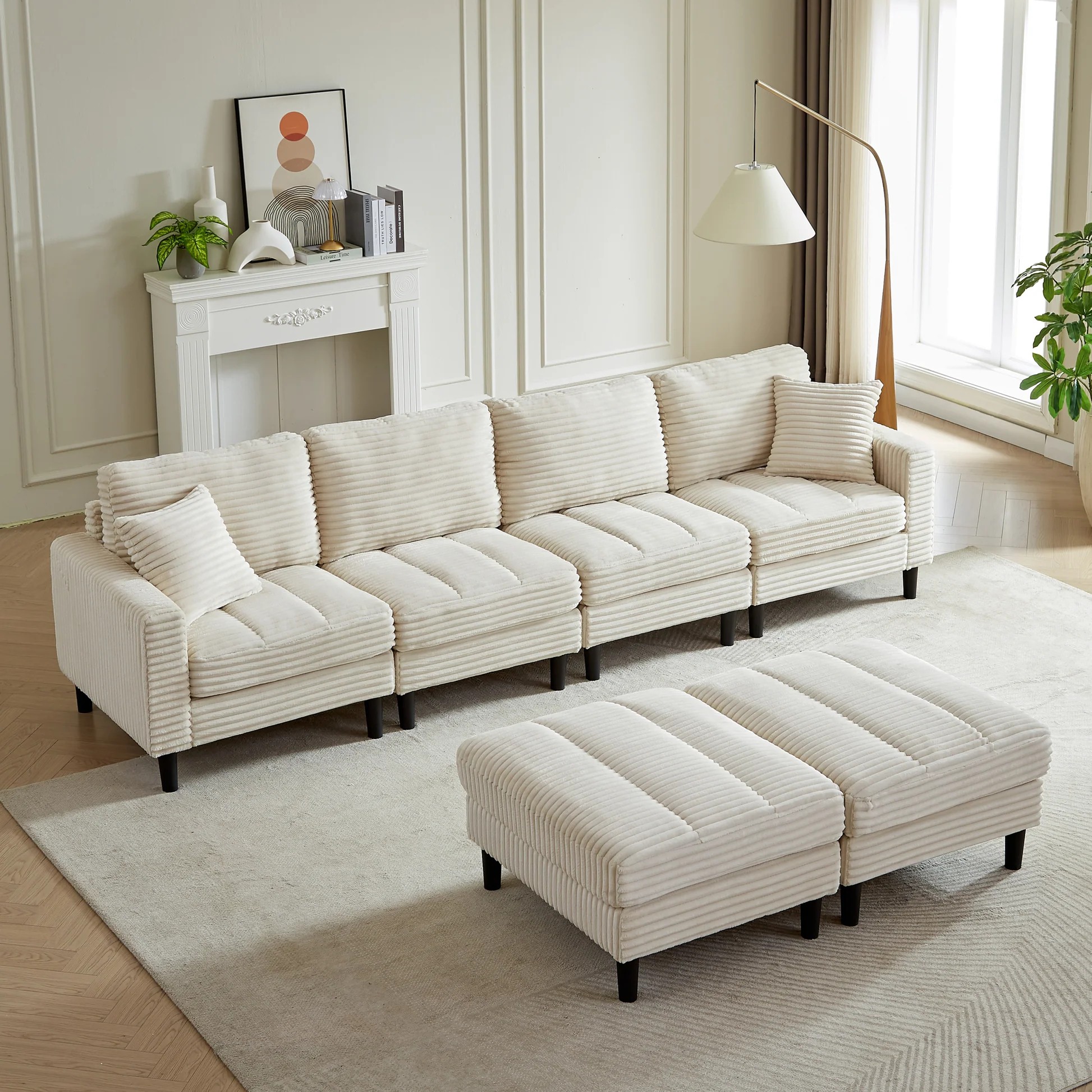 122.5-Inch Oversized U-Shaped Modular Sofa, Corduroy Fabric Sofa, Living Room Sectional Sofa with 2 Pillows, Two ottoman, plastic leg, Beige W1193S0012263889029222273121