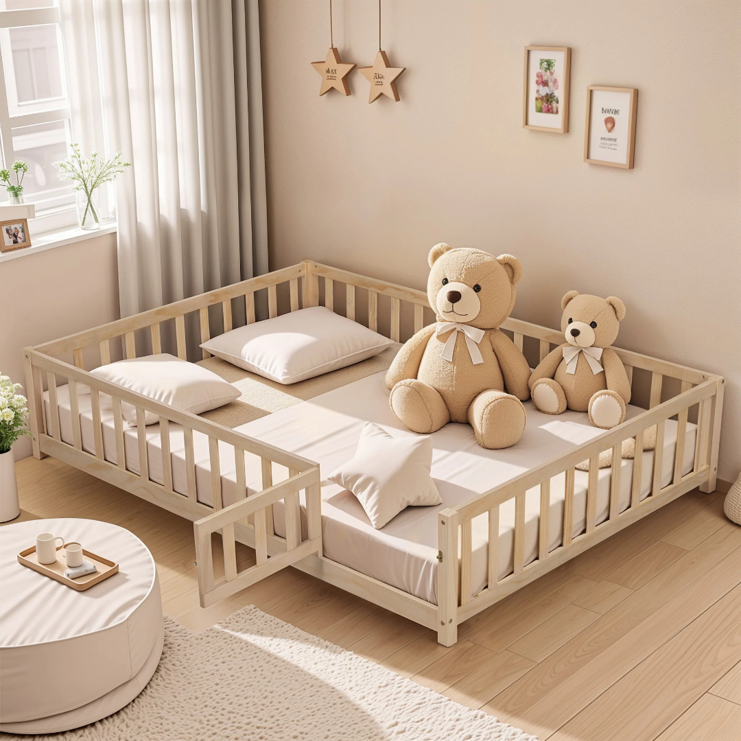 Full Size Floor Platform Bed with Fence and Door for Kids, Montessori Floor Bed Frame with Support Slats for Toddlers, Wooden Floor Bed Natural W171613214963877014156673120