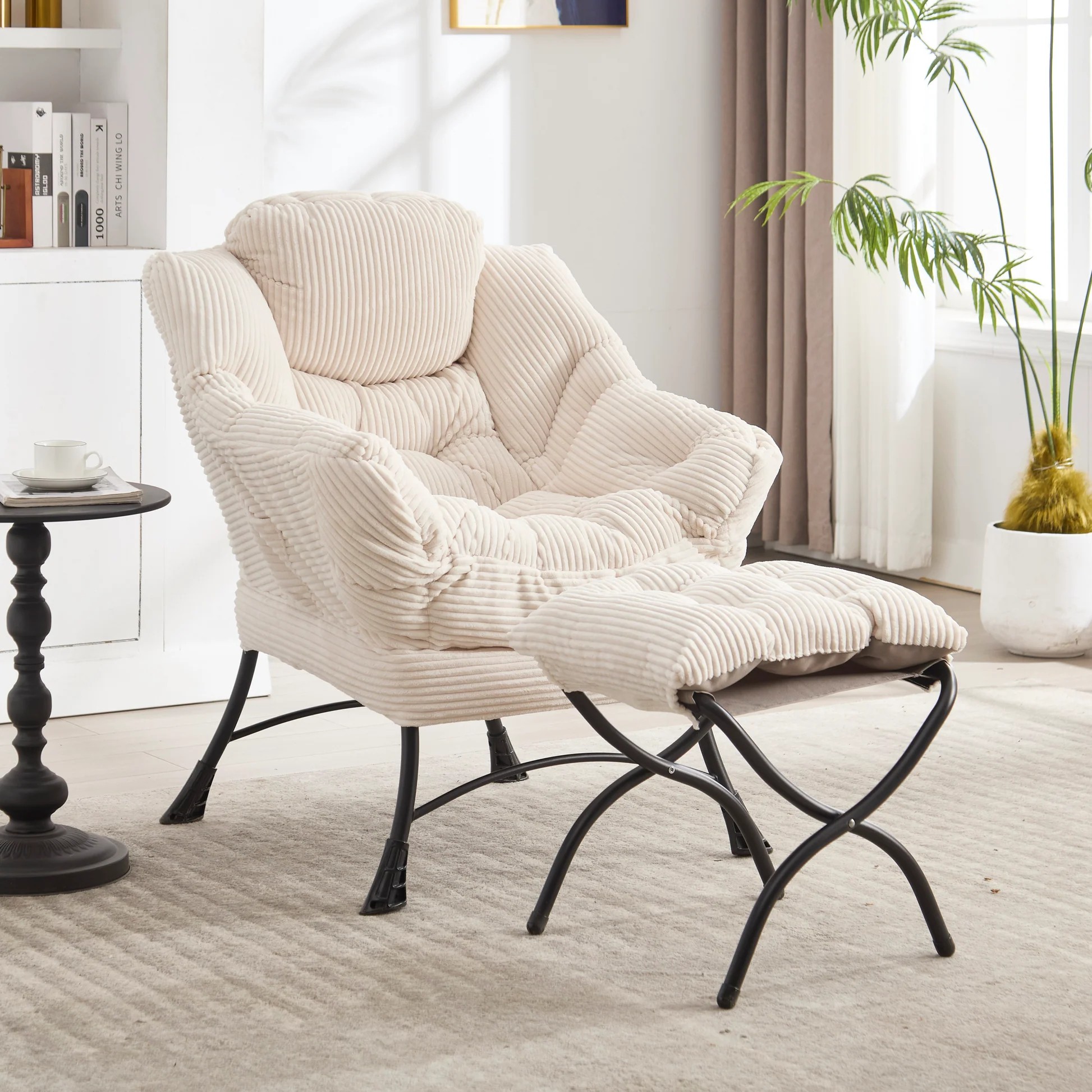 Lazy Chair with Ottoman, Modern Lounge Accent Chair with Armrests and a Side Pocket, Leisure Upholstered Sofa Chair Reading Chair with Footrest for Small Space, Corner Chair-White W640P27155363909973580162120