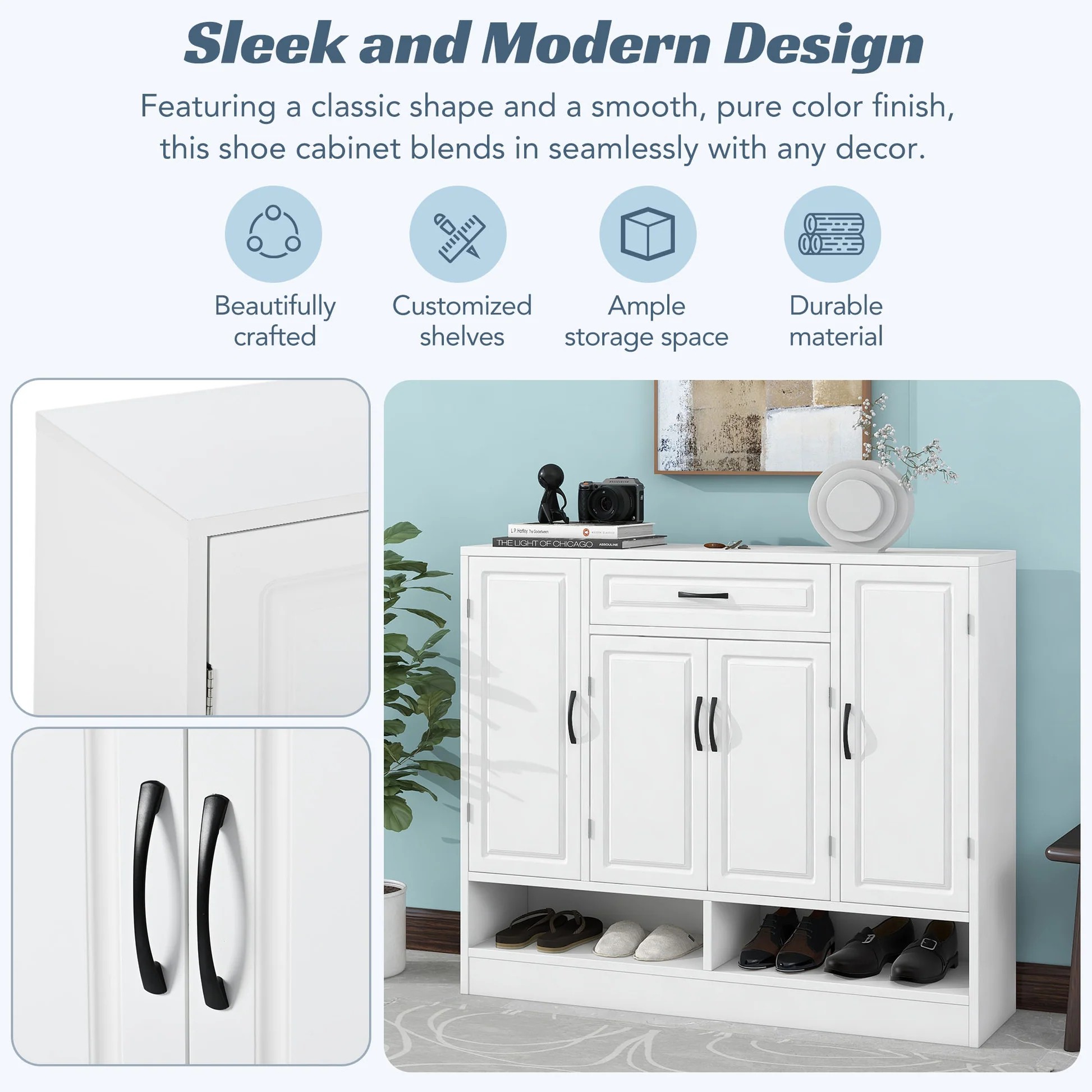 Armario de zapatos moderno y elegante a la moda con estantes ajustables, organizador de almacenamiento de zapatos minimalista con superficie superior resistente, tablero lateral de diseño ahorrador de espacio para artículos de varios tamaños, blanco WF304415AAK63980525763330122