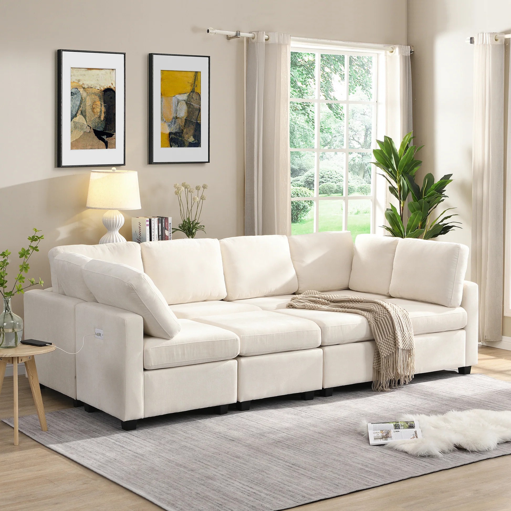 Sofá Seccional de 103', Sofá Cama en Forma de U con Dos Otomanos Móviles y Tres Puertos USB para Sala de Estar, Beige N719S001620A63886863328259120