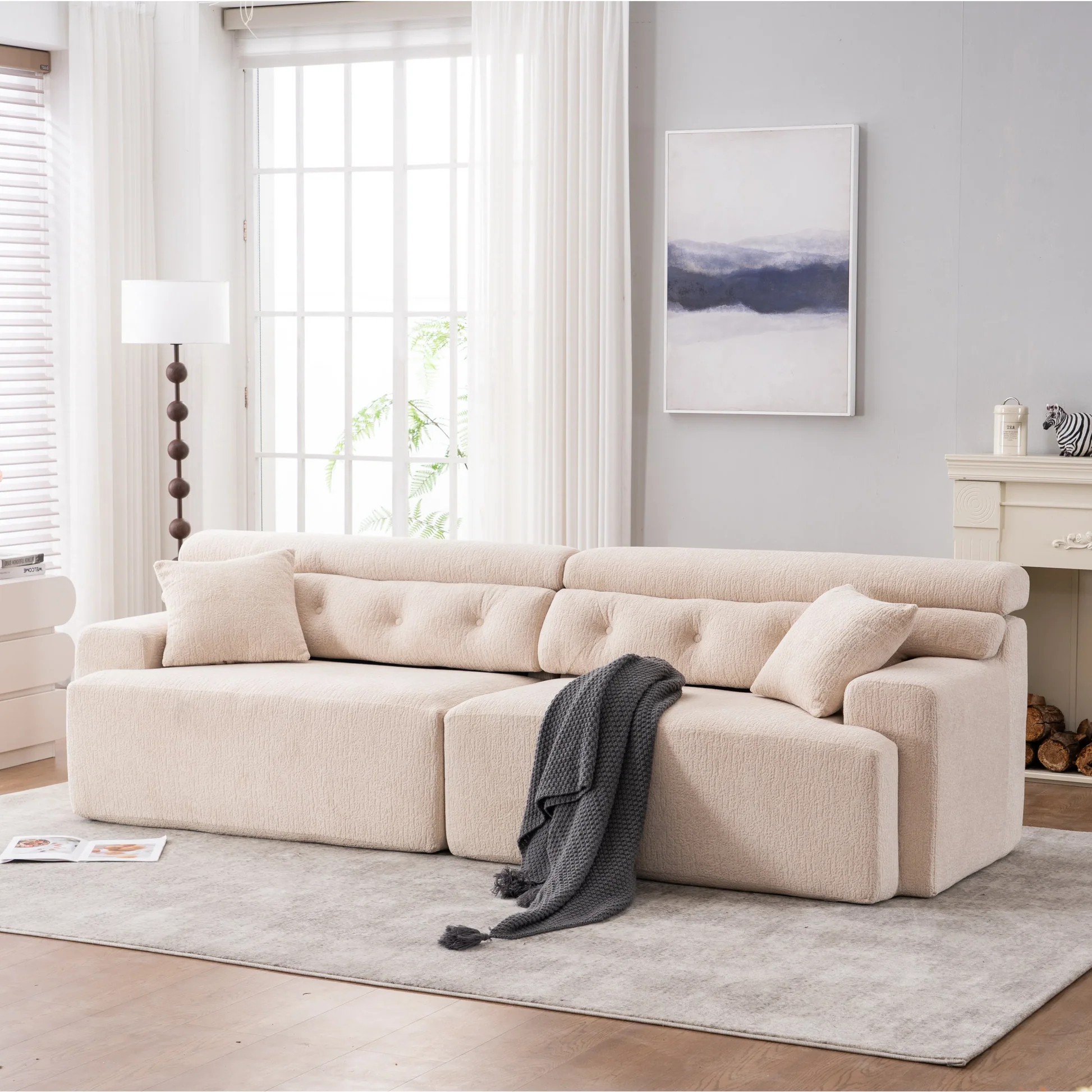 SOFÁ DE COMPRESIÓN LY-029 APRICOT: Sofá combinado de 4 plazas, tela chenilla con grano de madera, sofá de compresión completo con esponja, sofá combinado con 2 almohadas para sala de estar/Muebles para el hogar/Apartamento W2231S0002363909061981315120
