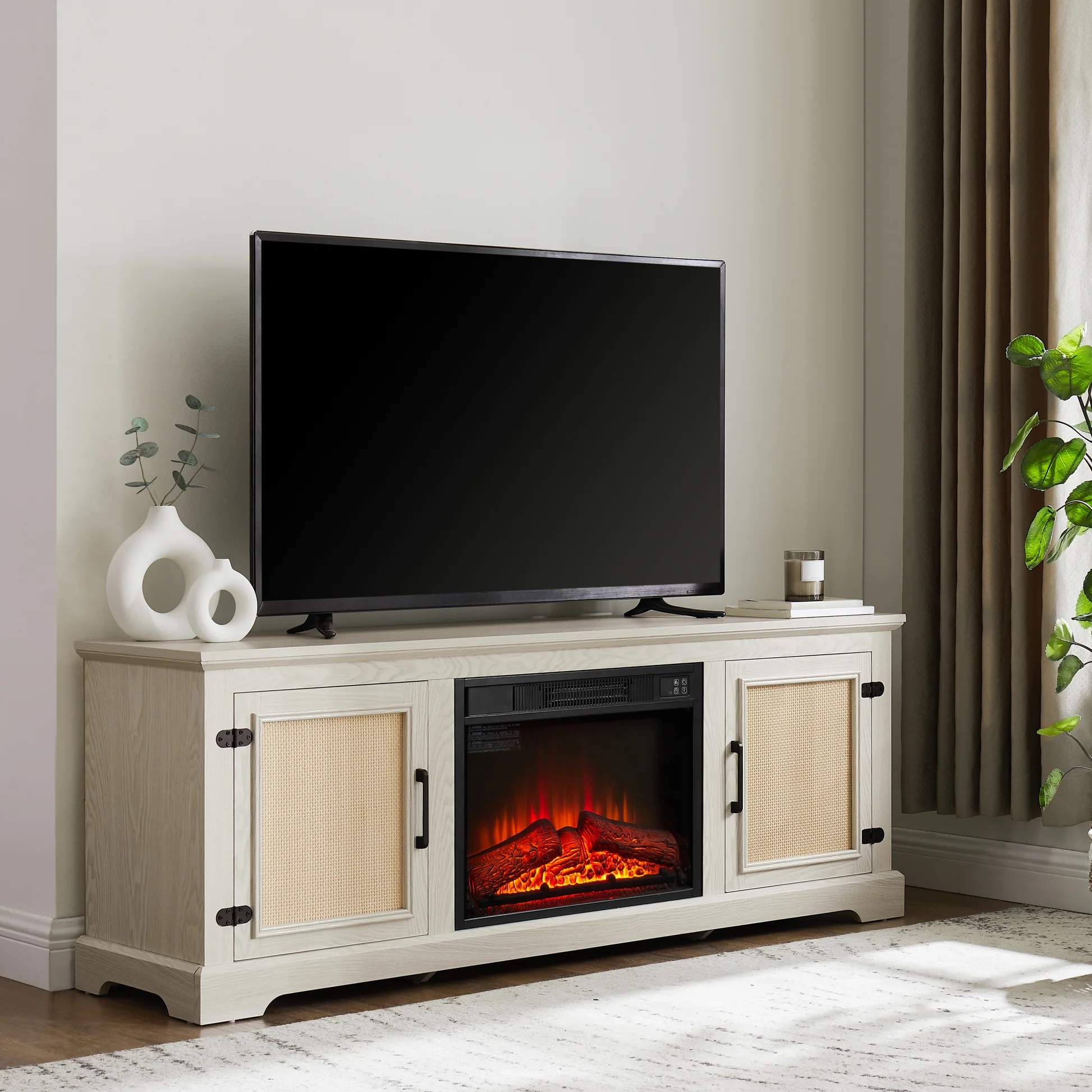 Natural Rattan Door Cabinet with Adjustable Shelf Wood, Farmhouse Rattan TV Stand Console Table for TVs up to 70 Inches, Storage tv stand with 23' fireplace insert, 65'W*15.55'D*23.86'H, White W1758S063956834221699121