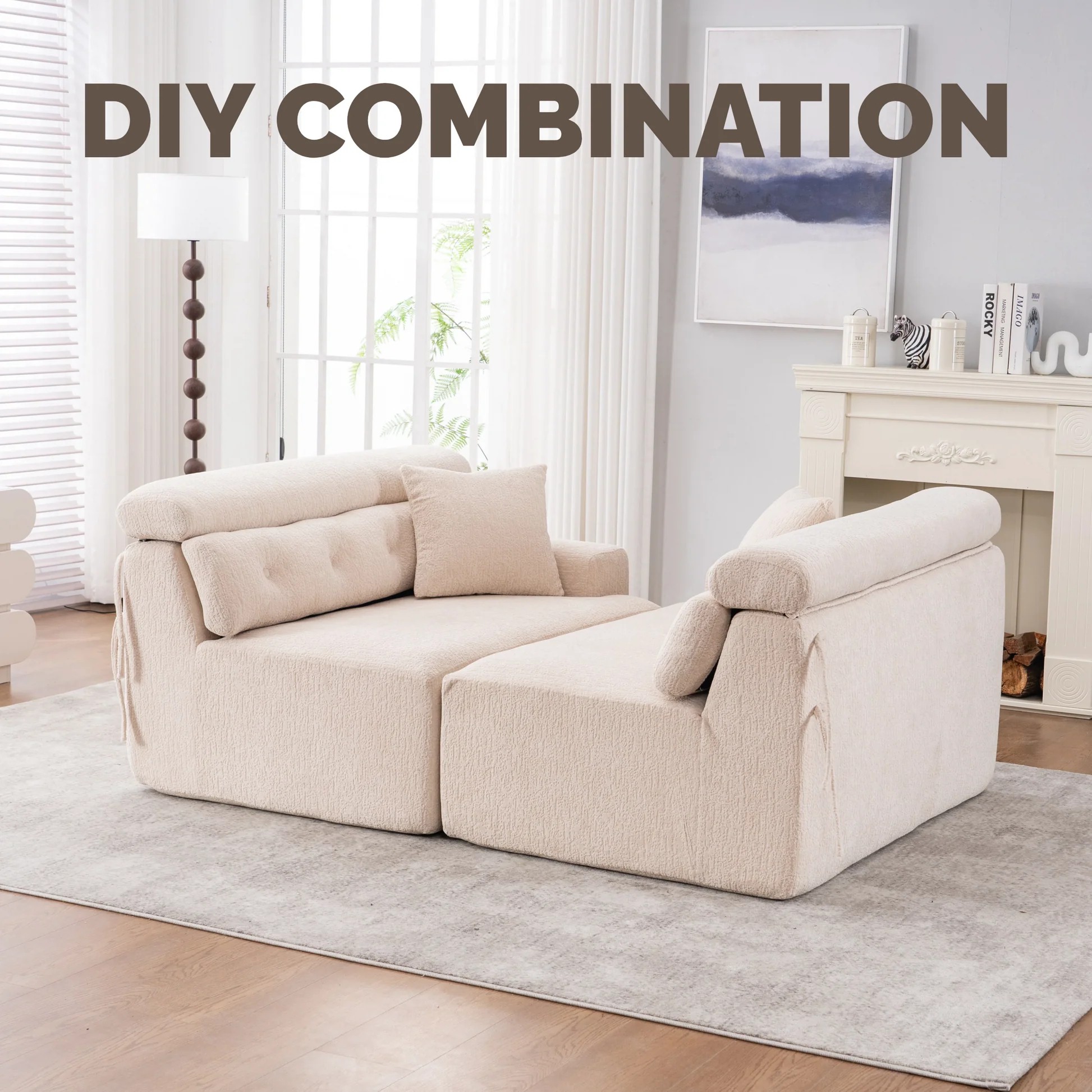 LY-029 APRICOT COMPRESSION SOFA: 4-seater combined sofa, Wood Grain Chenille fabric, full sponge compression sofa,combined sofa with 2 pillows for living/ Home Furniture/ Apartment W2231S0002363909061981315122