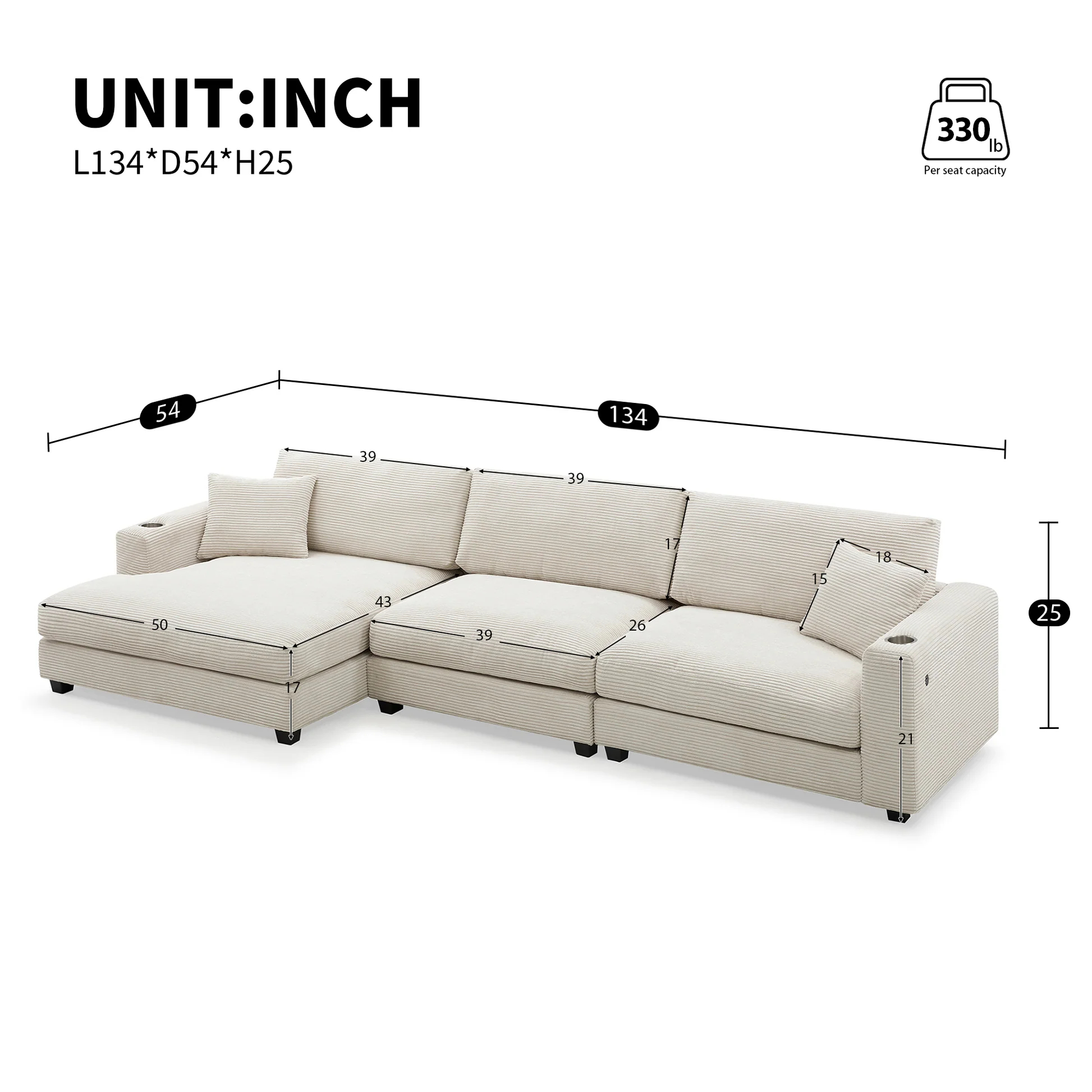 Oversized Corduroy Sectional Sofa with USB Charging Port & Cup Holder, Deep Seat, L Shaped Cloud Couch, 134*54”, 3 Colors N723S0200A63888994142851122