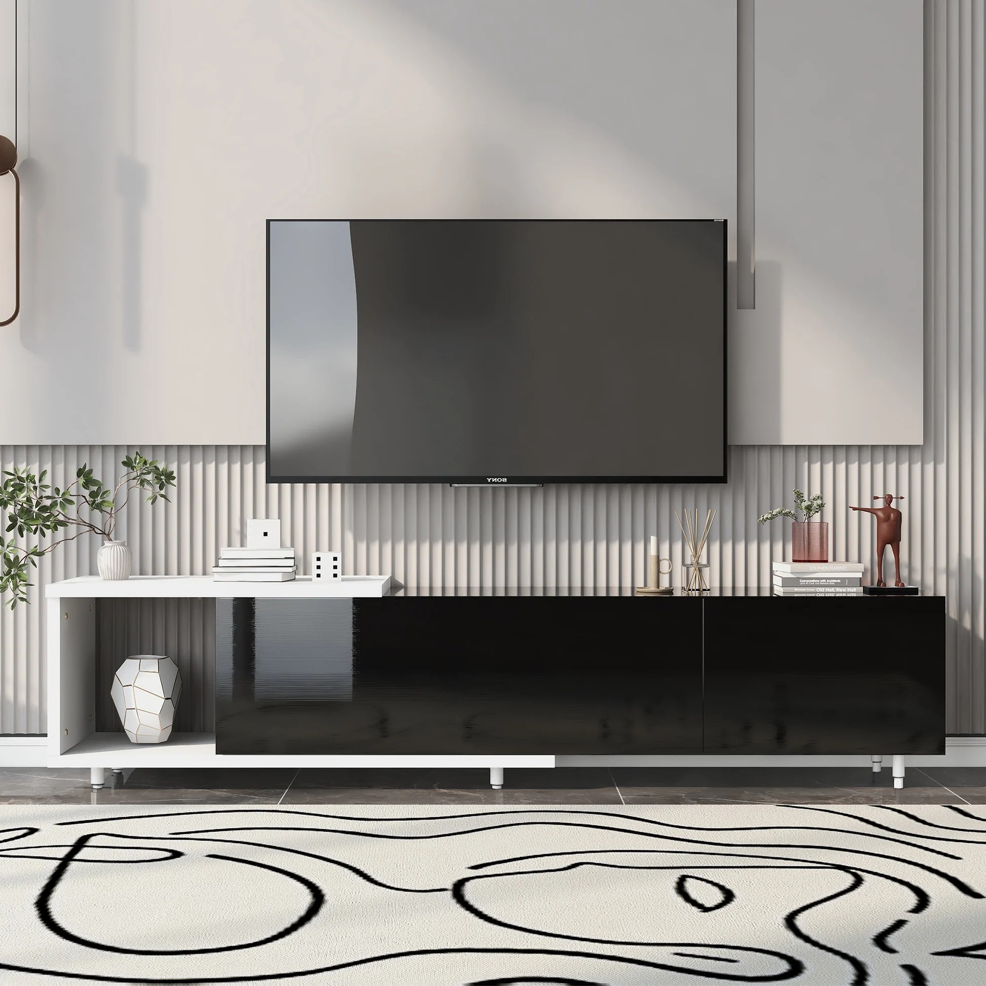 U-Can 70.1''-100'' Moderno y Elegante Soporte para TV Armario para TV de 80+ pulgadas, Blanco+Negro, WF299723AAB63956817739906121
