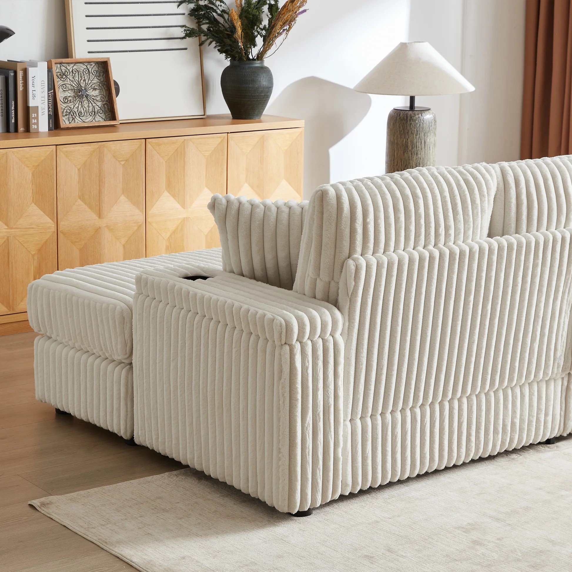 Sofá de terciopelo de 84 pulgadas de 3 plazas con 3 cojines para el respaldo, 2 cojines decorativos, 2 otomanas, 2 espacios de almacenamiento y ranuras para sujetar tazas, sofá cómodo - sofá de asiento profundo para sala de estar W834S0035763888747551491121
