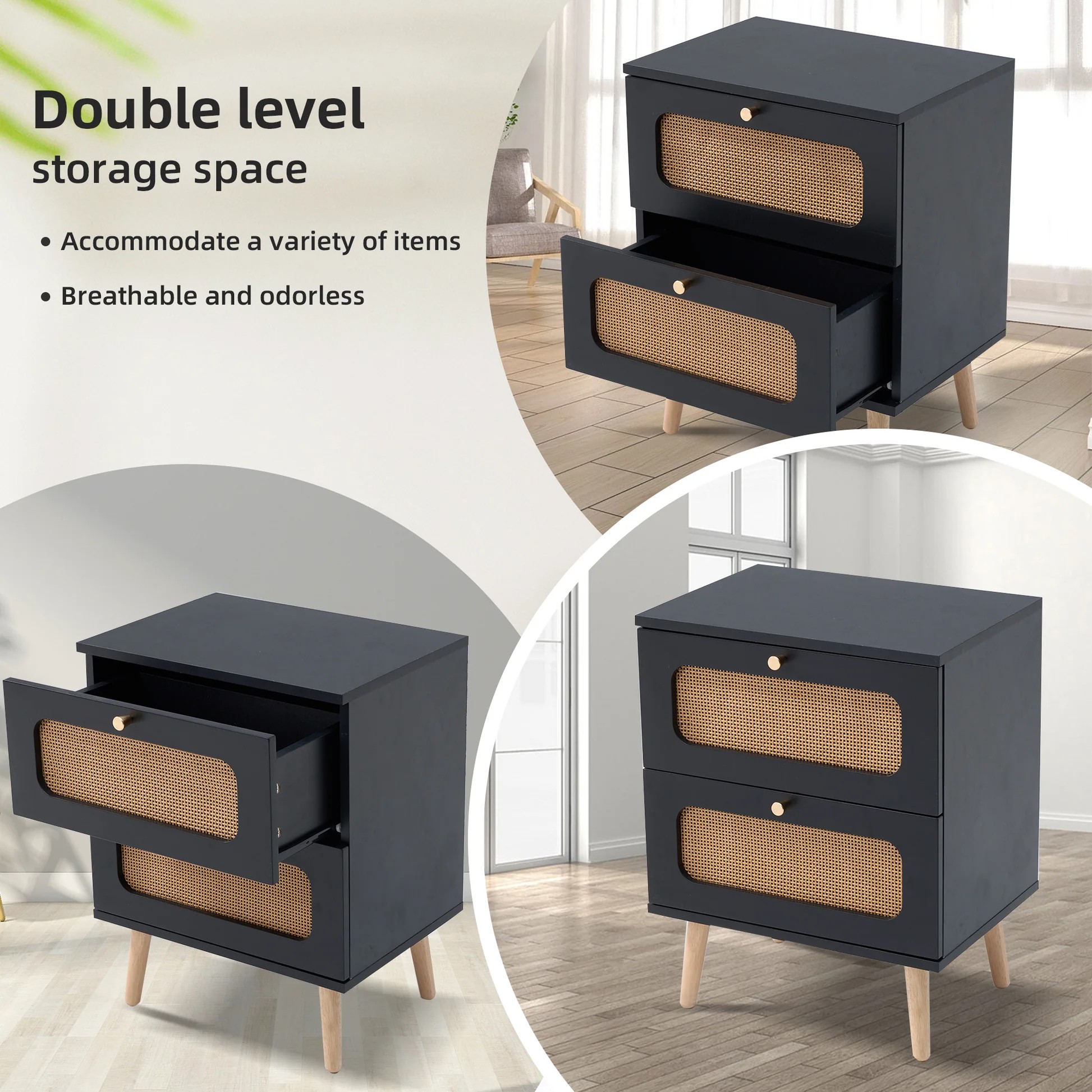 2-drawer Rattan Nightstand for Bedroom and Living Room, End Table, Side Table with 2 Hand Made Rattan Decorated Drawers W2282P22056163999386169346122