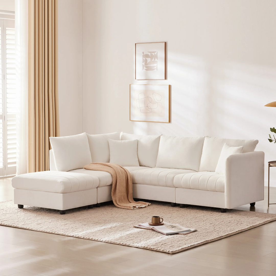 89*79' Modern Modular Sectional Sofa with Deep Seat,Vertical Stripes,5 Seat Corner Couch with Movable Ottoman,Throw Pillows,L-Shaped Comfy Cloud Indoor Furniture for Living Room,Apartment,3 Colors N7263876910544769120