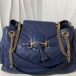 Gucci Dark Blue Shoulder Bag with Gold Accents