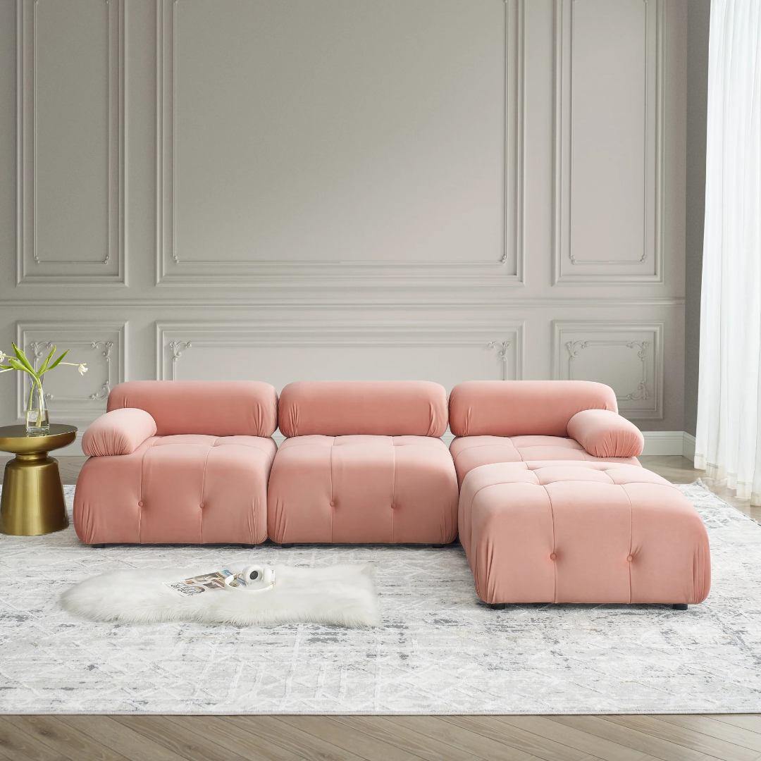 Sofá Seccional Modular, Diseño con Botones Acolchados y Combinación DIY, Sofá en Forma de L con Otomana Reversible, Terciopelo Rosa W1413S0001863876491354113121