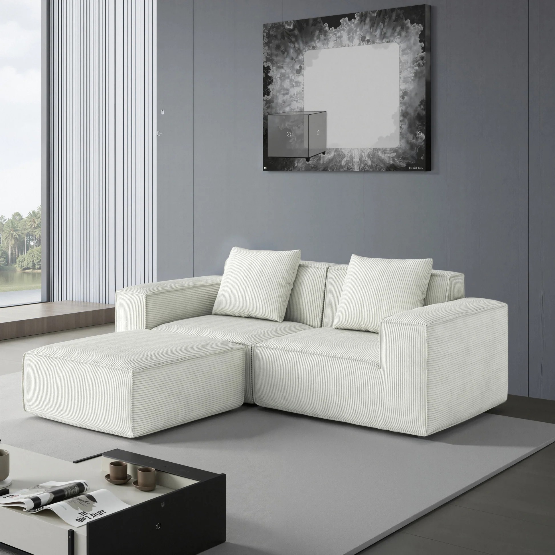 sofá modular se puede convertir en una cama de sofá extragrande Juego de sofá con conversión libre, configuración flexible, tela suave de terciopelo acordonado tipo nube, combinación para dos personas con reposapiés - blanco W3147S0000763909219709314120