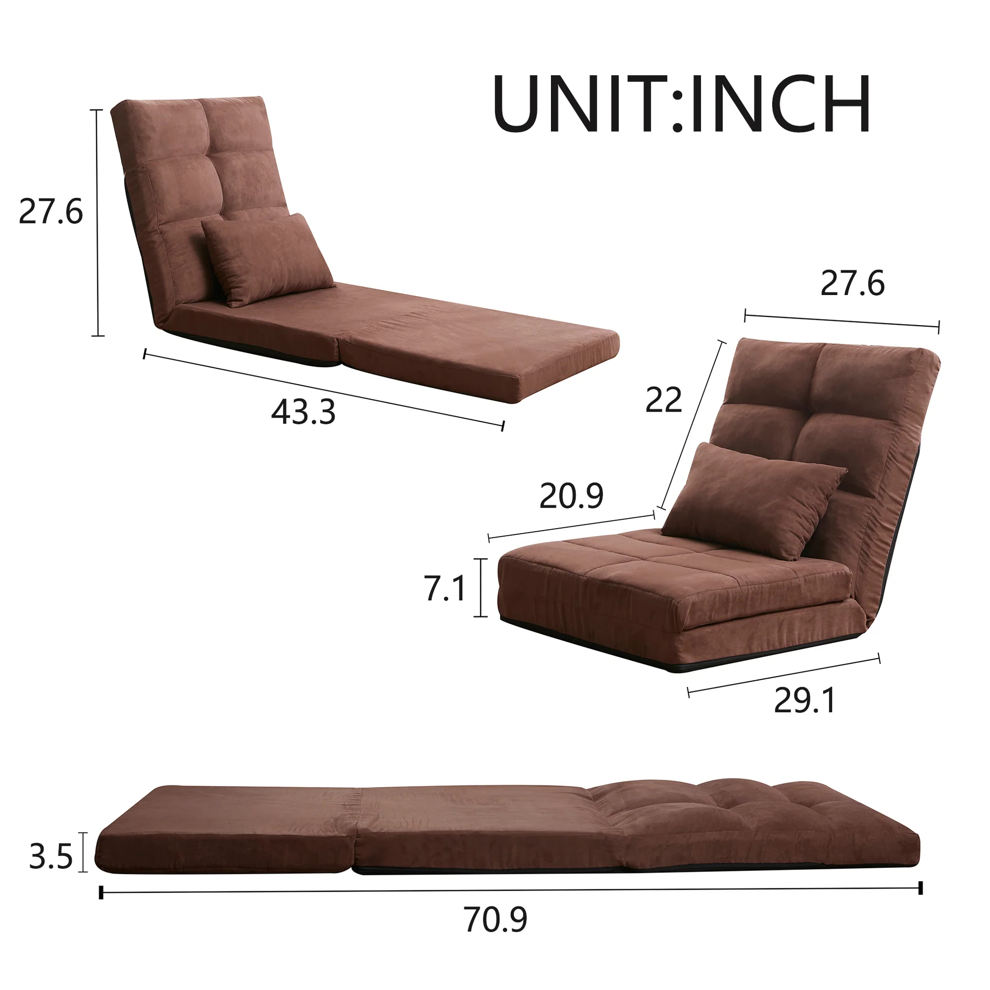 Sofá cama moderno marrón de metal plegable en tres secciones con 5 posiciones reclinables y almohada – Sofá ajustable tapizado para suelo para juegos o habitación de invitados W2443111863876829145985122
