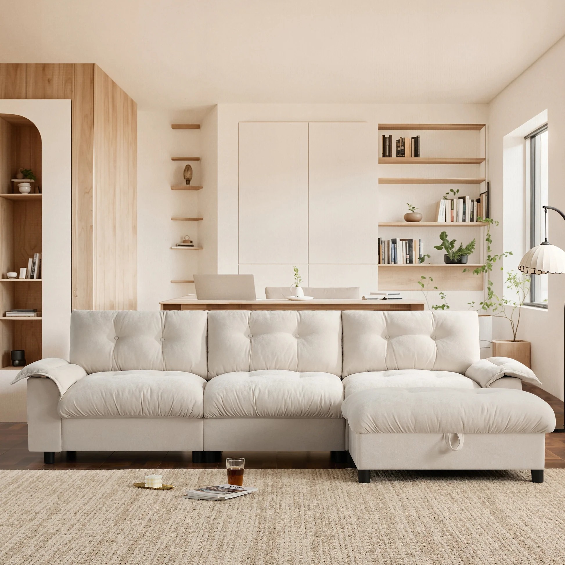 [VIDEO]104*60' Sectional Sofa, L-Shape with Multifunctional Armrest, Dual-Port Charging, Cup Holder, Side Storage Pockets, Movable Storage Ottoman, Unique Tufted Design, Soft Cushion, Chenille,3colors63889077277185121