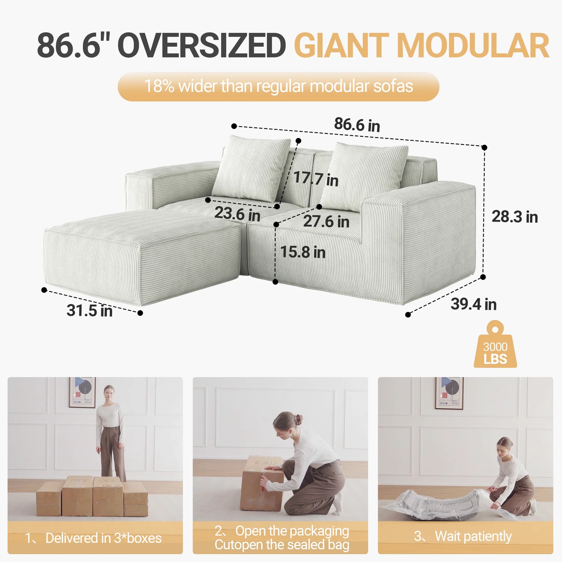 modular sofa can be converted into an oversized sofa bed Free conversion sofa set flexible configuration, soft corduroy cloud velvet fabric two person combination with footrest -white W3147S0000763909219709314122