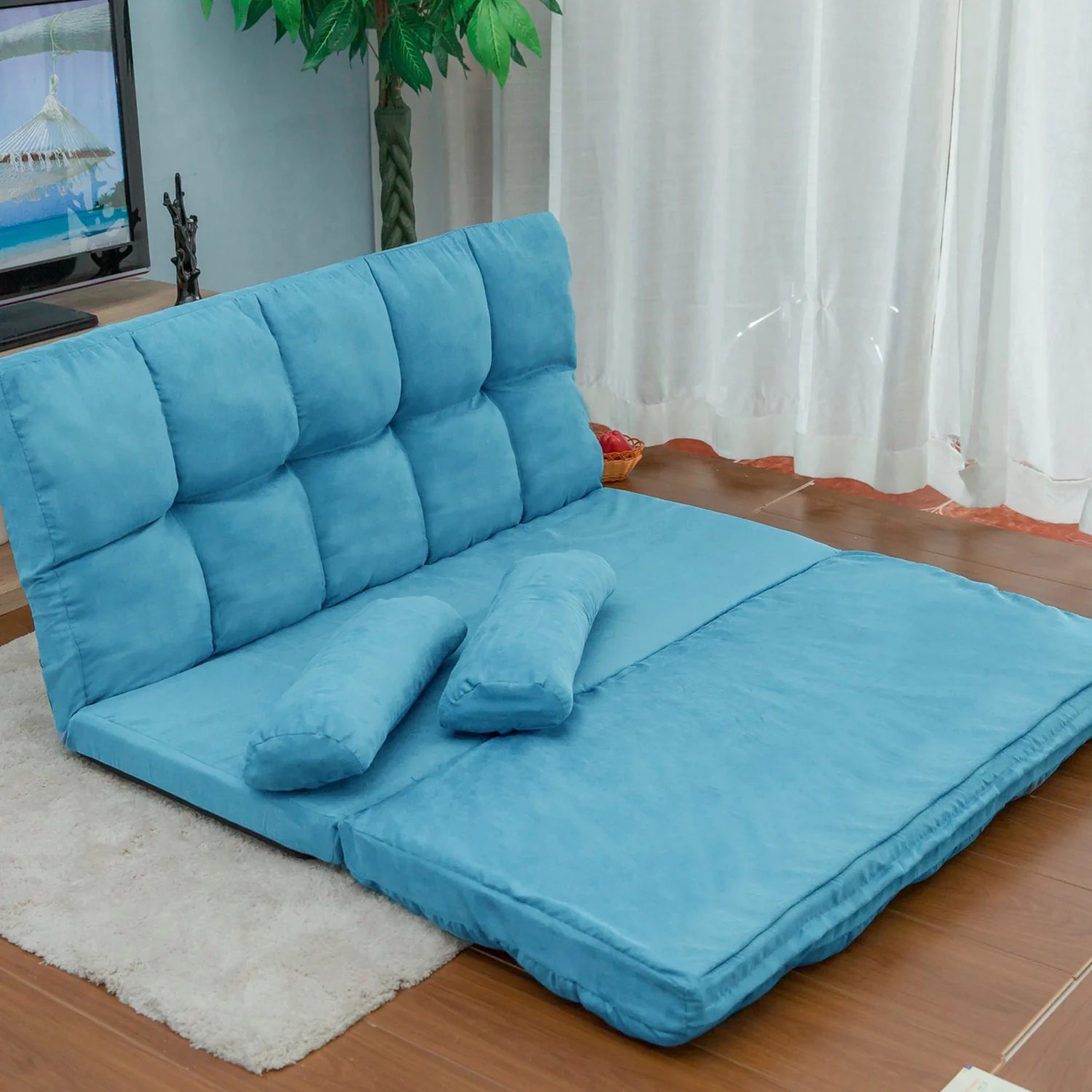 Double Chaise Lounge Sofa Floor Couch and Sofa with Two Pillows (Blue) PP036317CAA63921525720066121