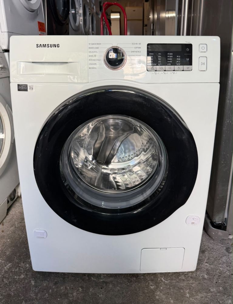 White Samsung front load washing machine with digital control panel