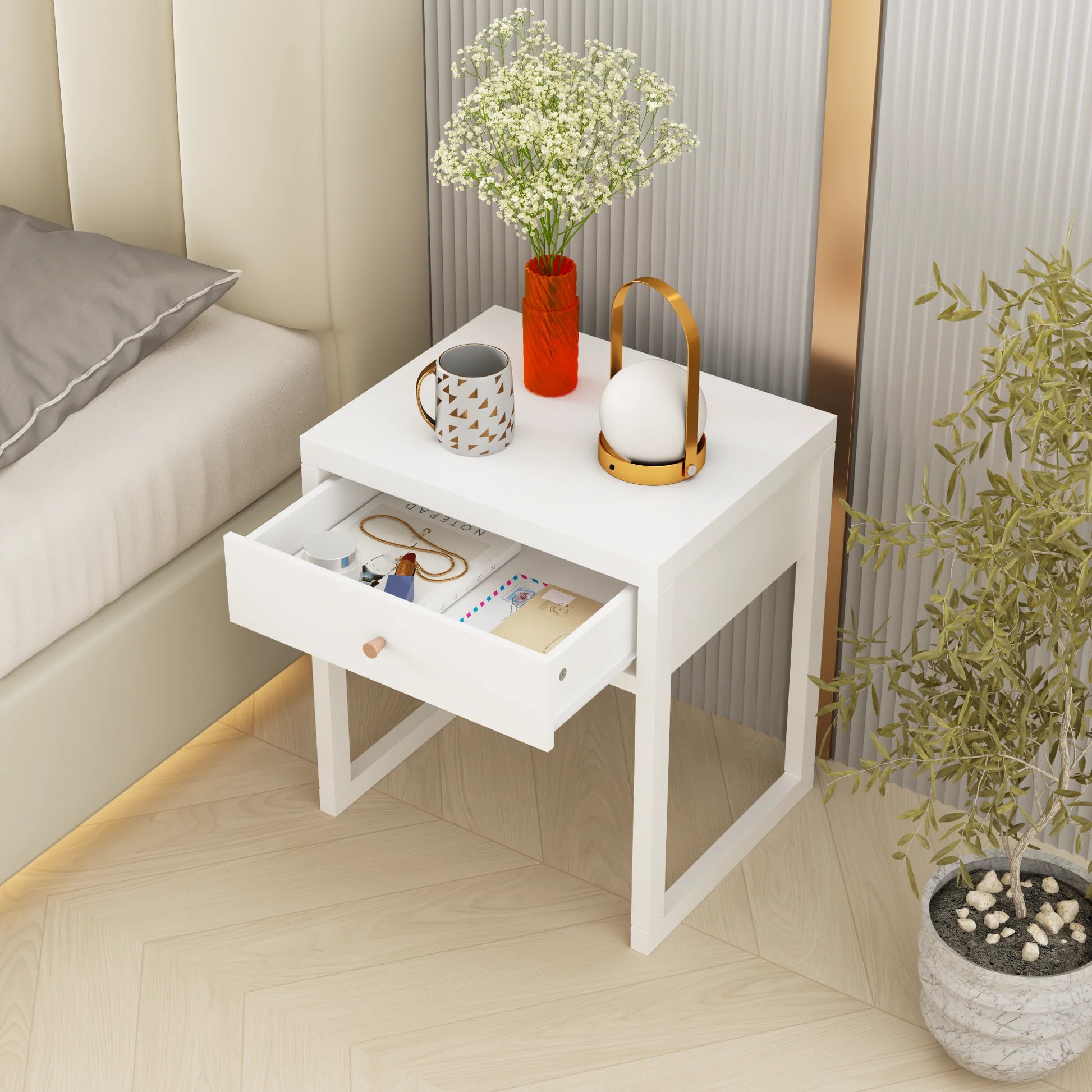 Modern White Nightstand with Drawer, Minimalist Bedside Table with Wood Knob, Compact End Table for Bedroom, Apartment, or Small Spaces, Easy Assembly W808P29801263989295845122121