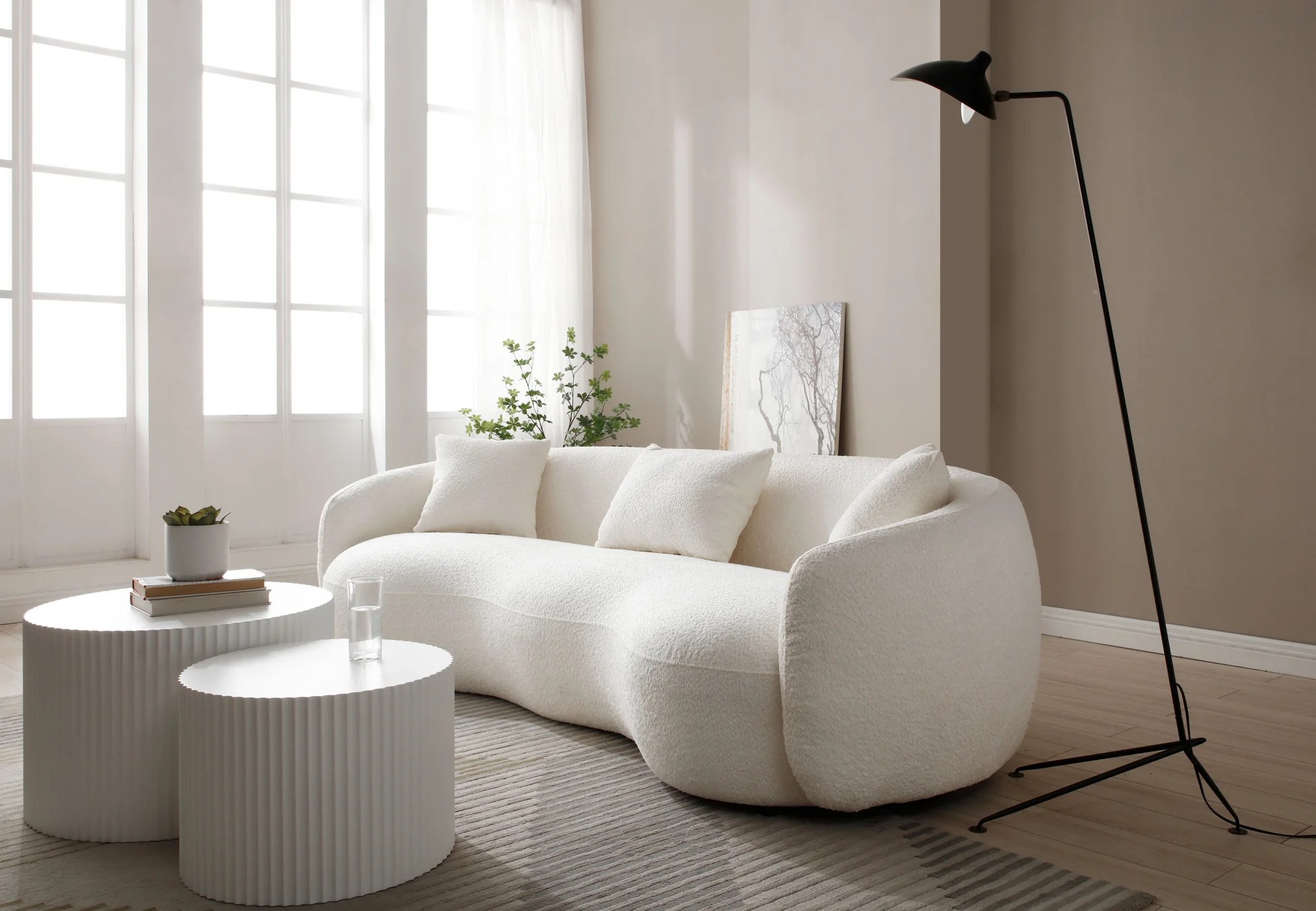 Mid Century Modern Curved Living Room Sofa, 4-Seat Boucle Fabric Couch for Bedroom, Office, Apartment, off white(beige and white) W8765769863888772620163122