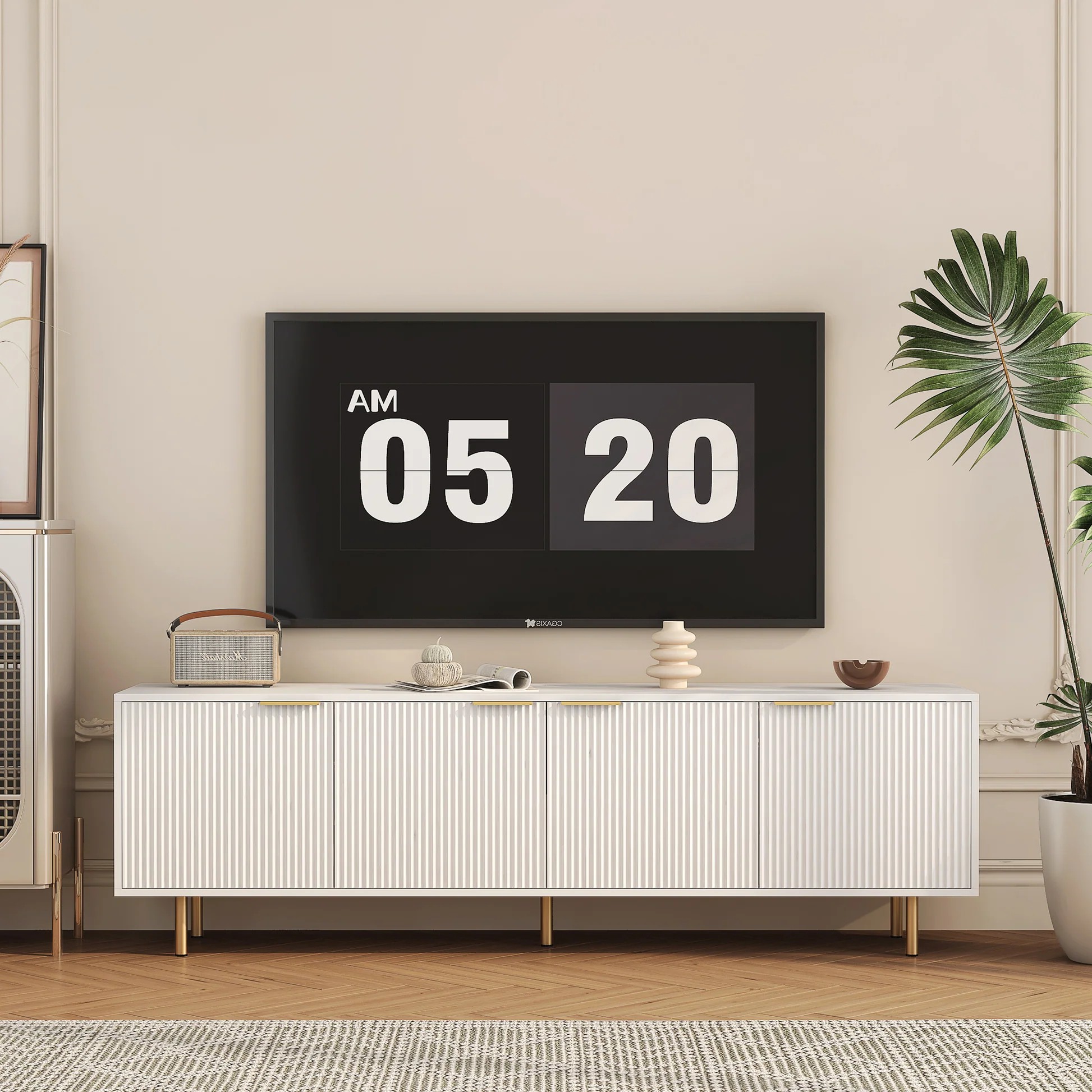 White Modern TV Stand Fluted 68' t, Entertainment Center with Storage Doors, TV Console Media Cabinet, for 55+ Inch TV, Living Room W1321P18596763956825491842120