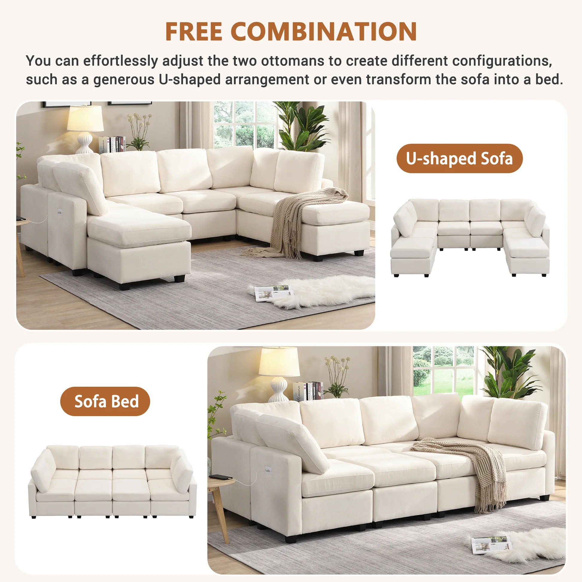Sofá Seccional de 103', Sofá Cama en Forma de U con Dos Otomanos Móviles y Tres Puertos USB para Sala de Estar, Beige N719S001620A63886863328259122