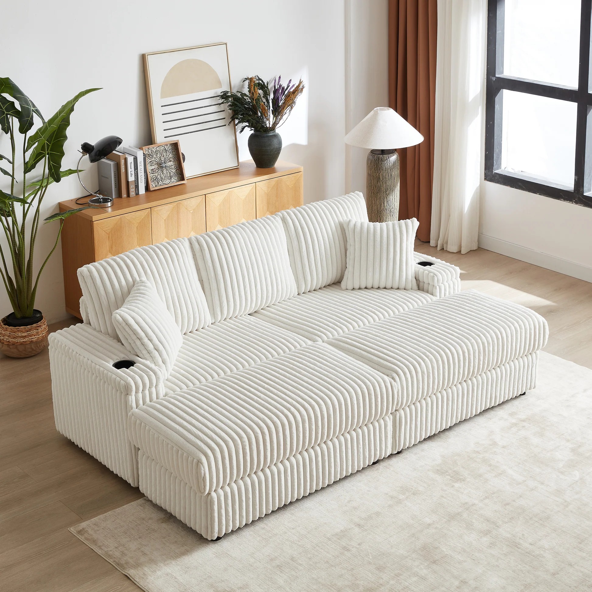 84Inch Corduroy 3-seater sofa With 3 back pillows ,2 toss pillows , 2 ottoman ,2storage spaces and cup-holding grooves Comfy Sofa- Deep Seat Couch for Living Room W834S0035763888747551491120