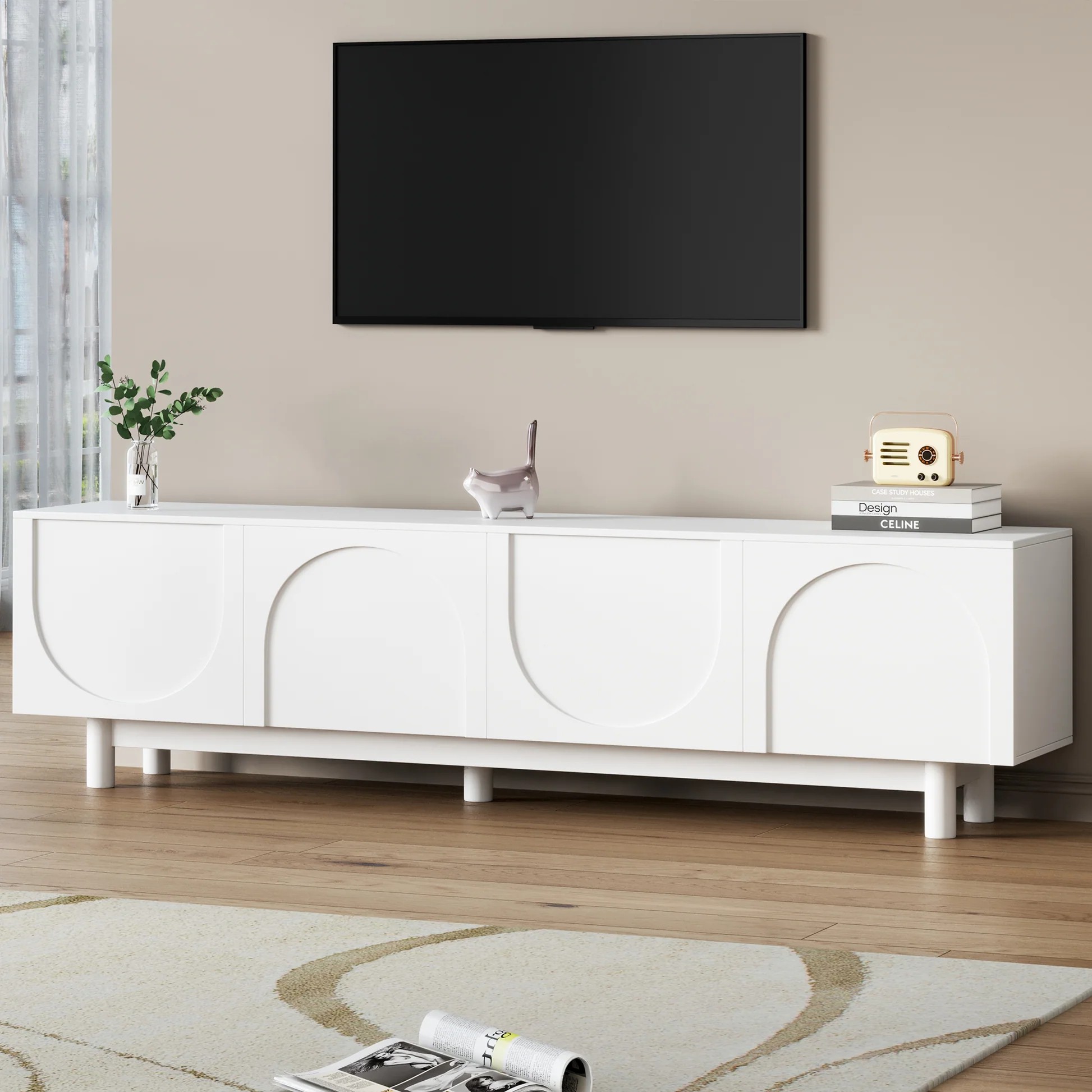 Soporte elegante para TV a la moda con gabinetes de arco para televisores de hasta 78'', centro de entretenimiento minimalista con patas de madera maciza, consola de medios práctica con estantes ajustables para sala de estar, blanco WF325999A63956806682370120