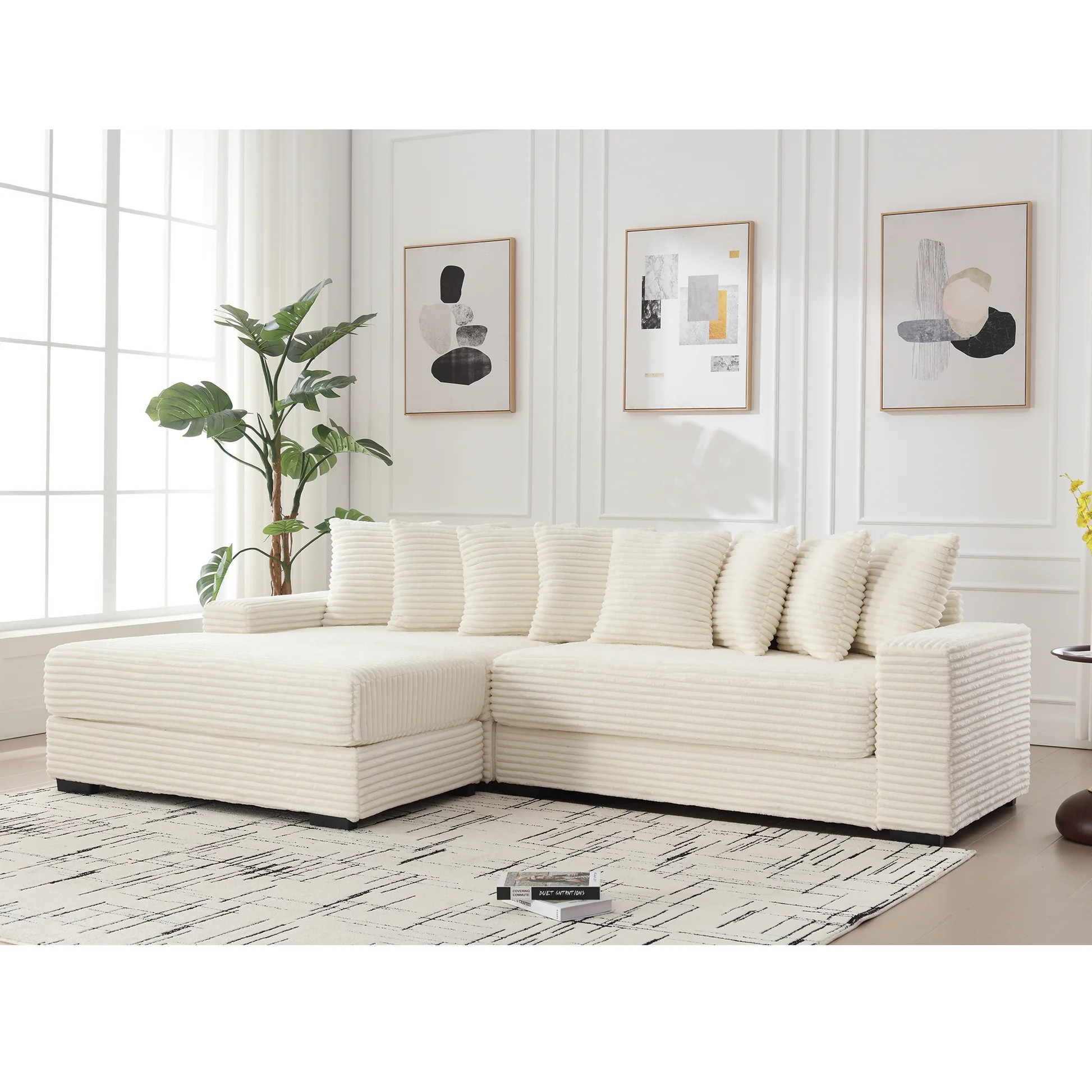 [NEW ARRIVED] [VIDEO PROVIDED] Oversized Two-Piece Couches, L Shaped Sofa, Corduroy, Left Chaise Daybed,with Armrests,Eight Throw Pillows,Corner Sofa,Easy To Assemble, Beige W2108S0006563888719858435120