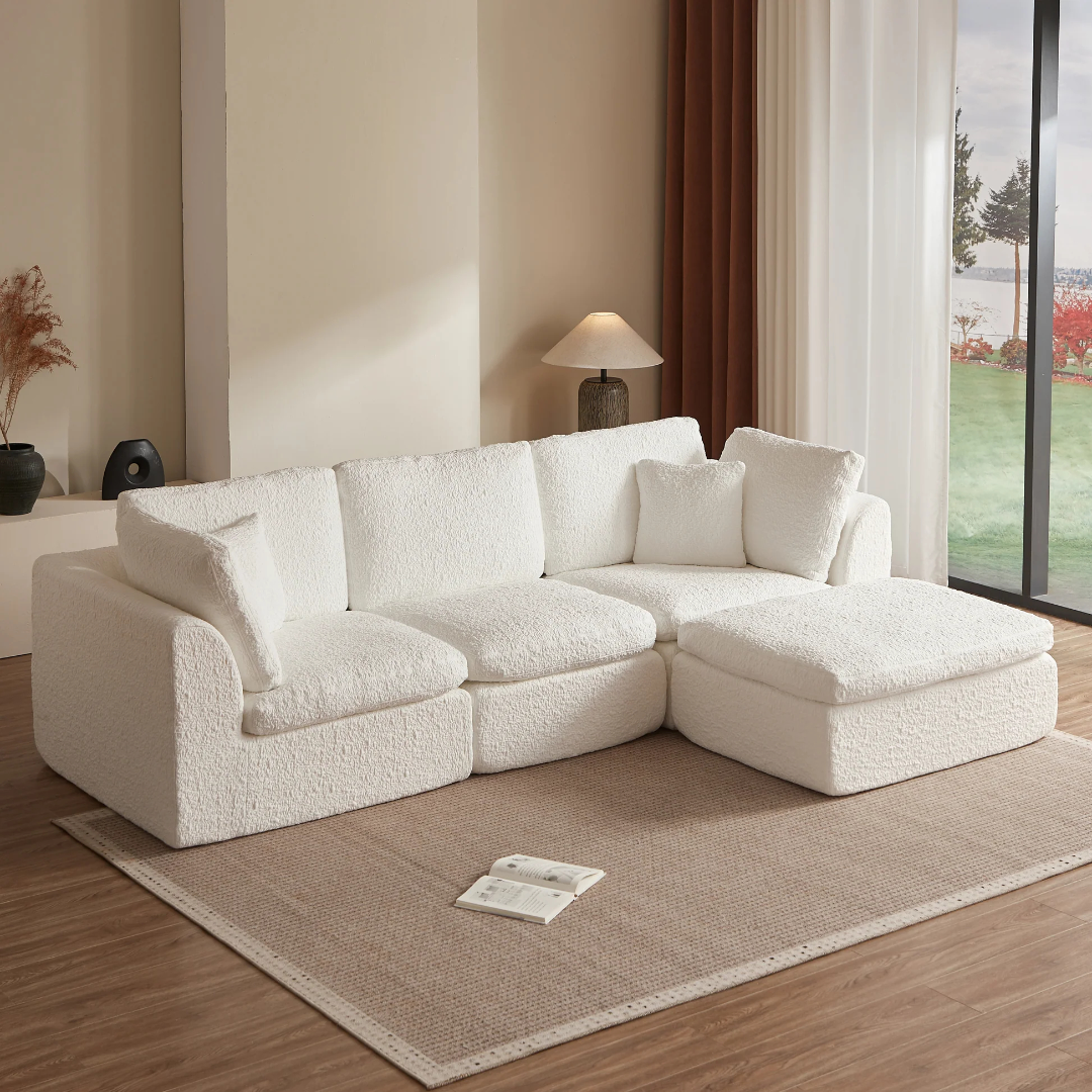 110' Cloud Sectional Couches for Living Room, Convertible L-Shape Couch with Ottoman, 3 Seater Modular Sectional Sofa, Warm White W1359S0001763876885924995120