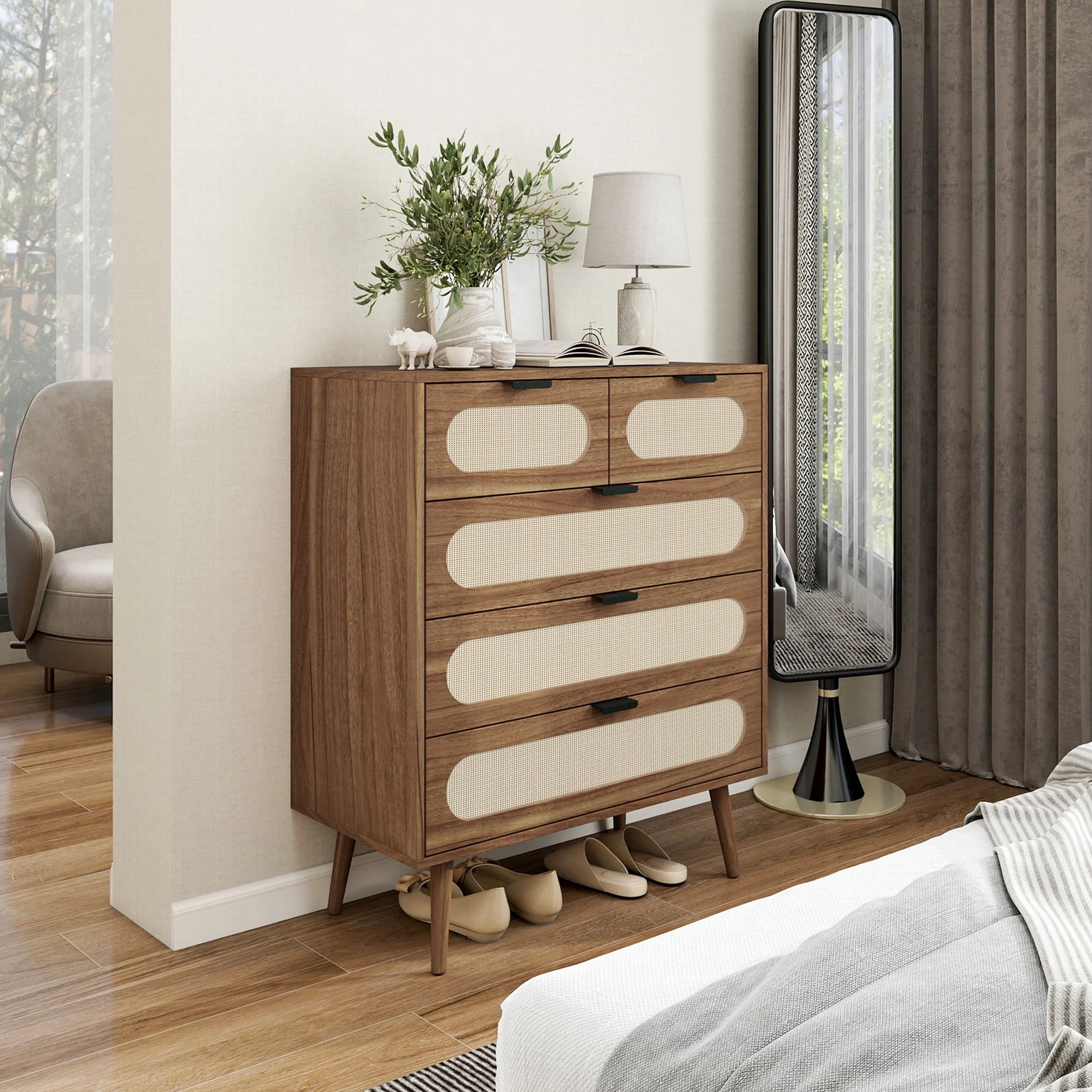 Modern 5-Drawer Accent Storage Cabinet for Living Room, Bedroom, Dining Room, or Study – Walnut MDF W68813751363999612362498121