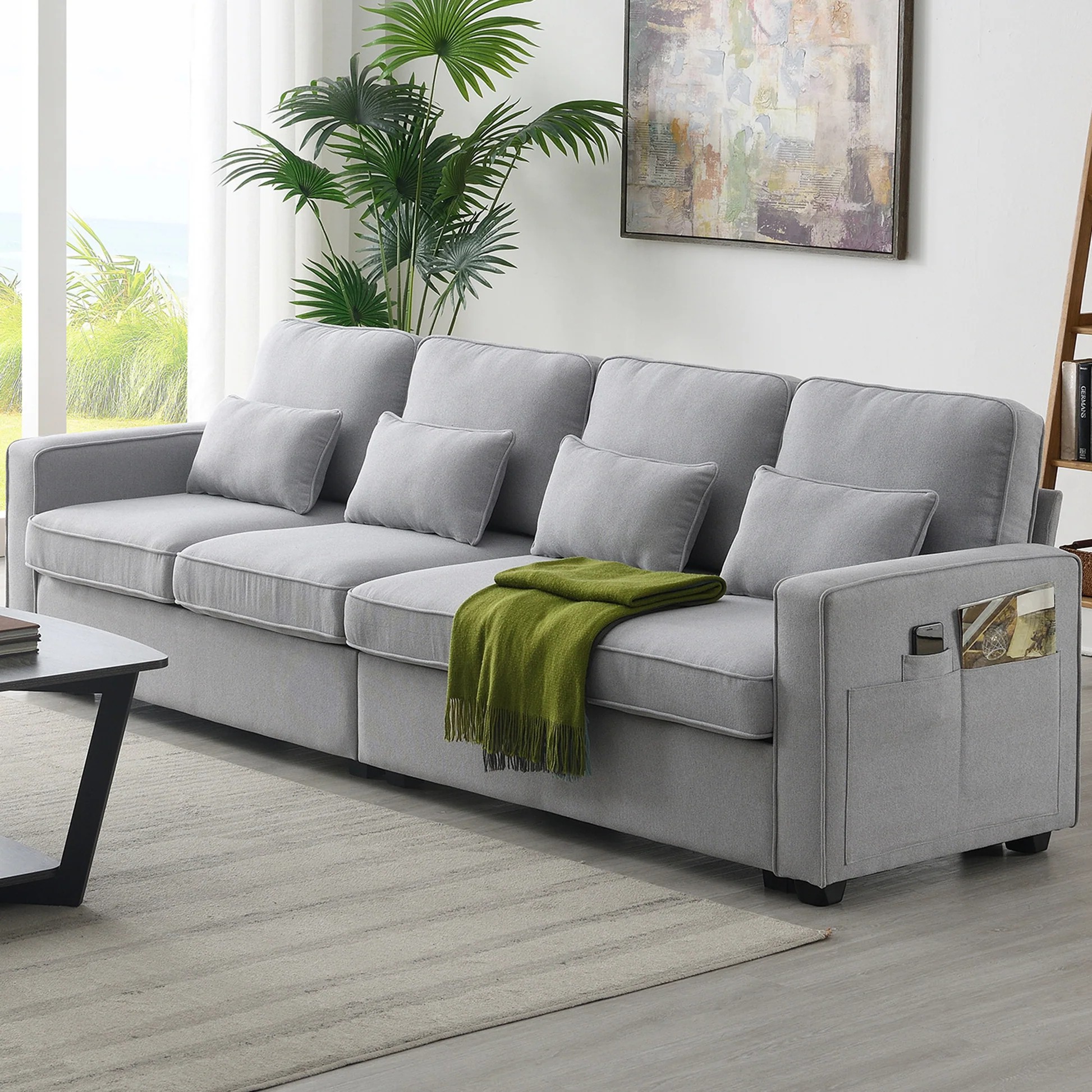 [VIDEO provided] [New] 104' 4-Seater Modern Linen Fabric Sofa with Armrest Pockets and 4 Pillows,Minimalist Style Couch for Living Room, Apartment, Office,3 Colors GS008086AAE63888945987203120