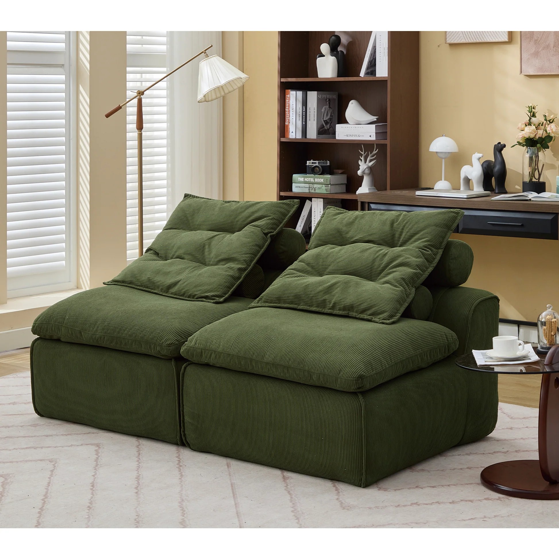 [NEW ARRIVED] [VIDEO PROVIDED]Modular Sofa,No Armrests,At will DIY,Soft Corduroy Fabric,Neck Pillow-Back Lounge Sofa Chair,Reading Nook, or Apartment Living, Lumbar Pillow,2 Seats,Upholstered,Green W263909273881219121