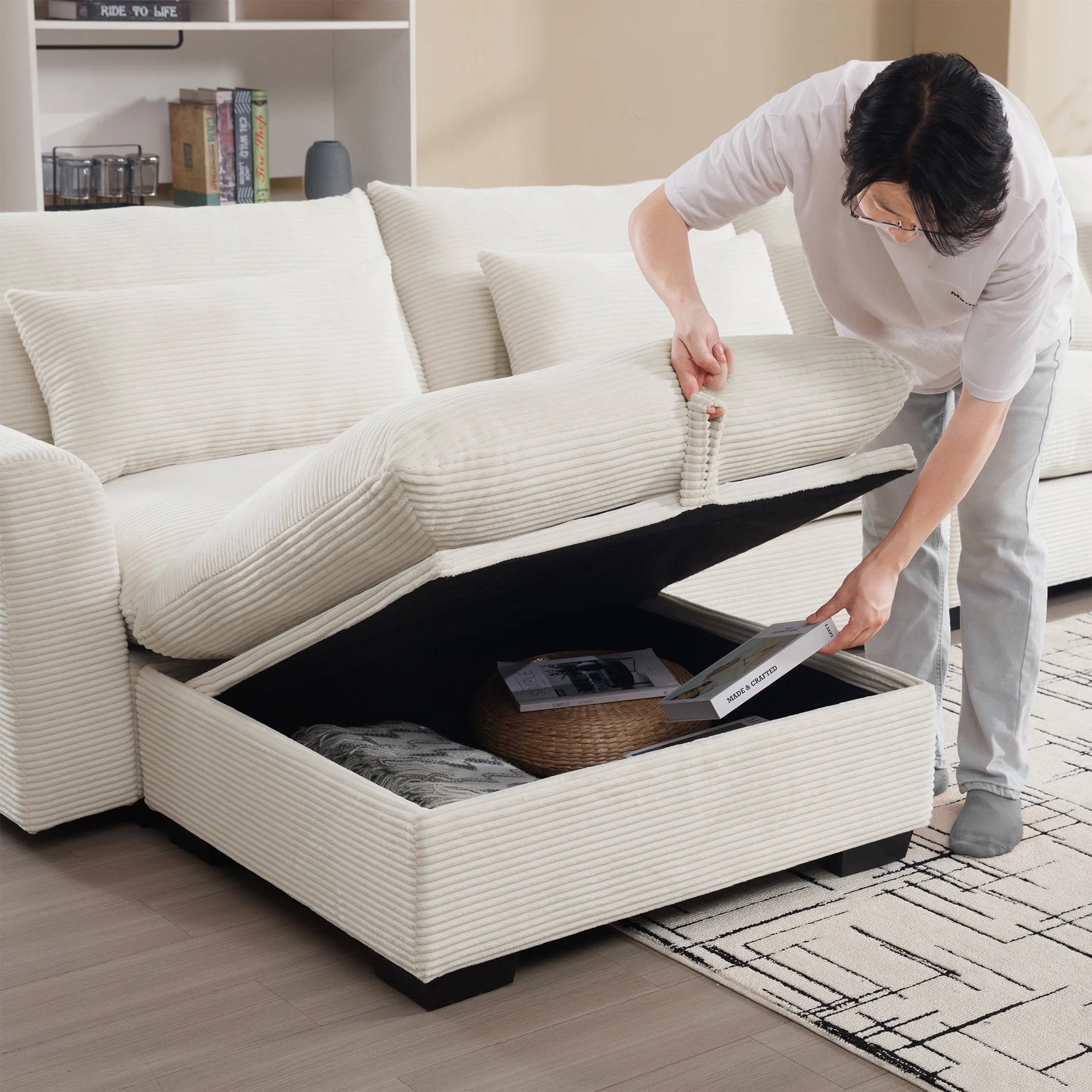 Sofá seccional de pana, sillón en forma de L con taburete de almacenamiento y 3 almohadas, sofá seccional para sala de estar apartamento, beige W714S0064163886850871939121