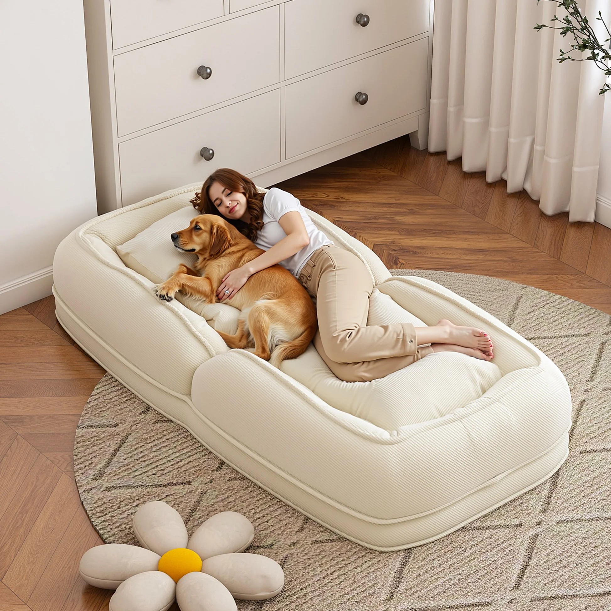Cama para perro tapizada para adultos y mascotas, cama perezosa plegable con 5 posiciones ajustables, color blanco roto de terciopelo, 69,29 x 37,40 x 10,24 pulgadas P32422763921092711426122