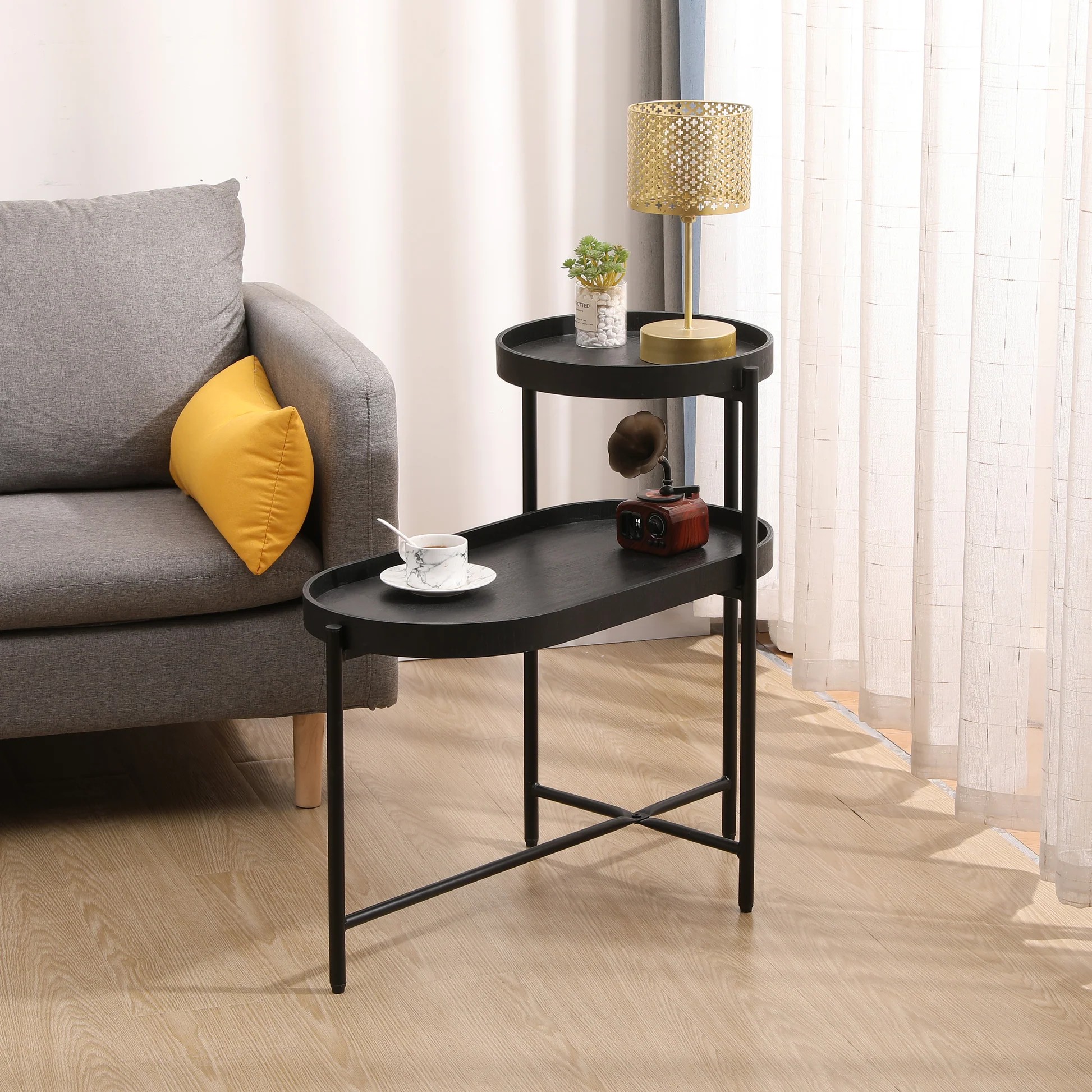 2-Tier Black Side Table with Storage Sofa Table for Living Room Metal Frame & Wooden Desk End Table W175710475263947579291779120