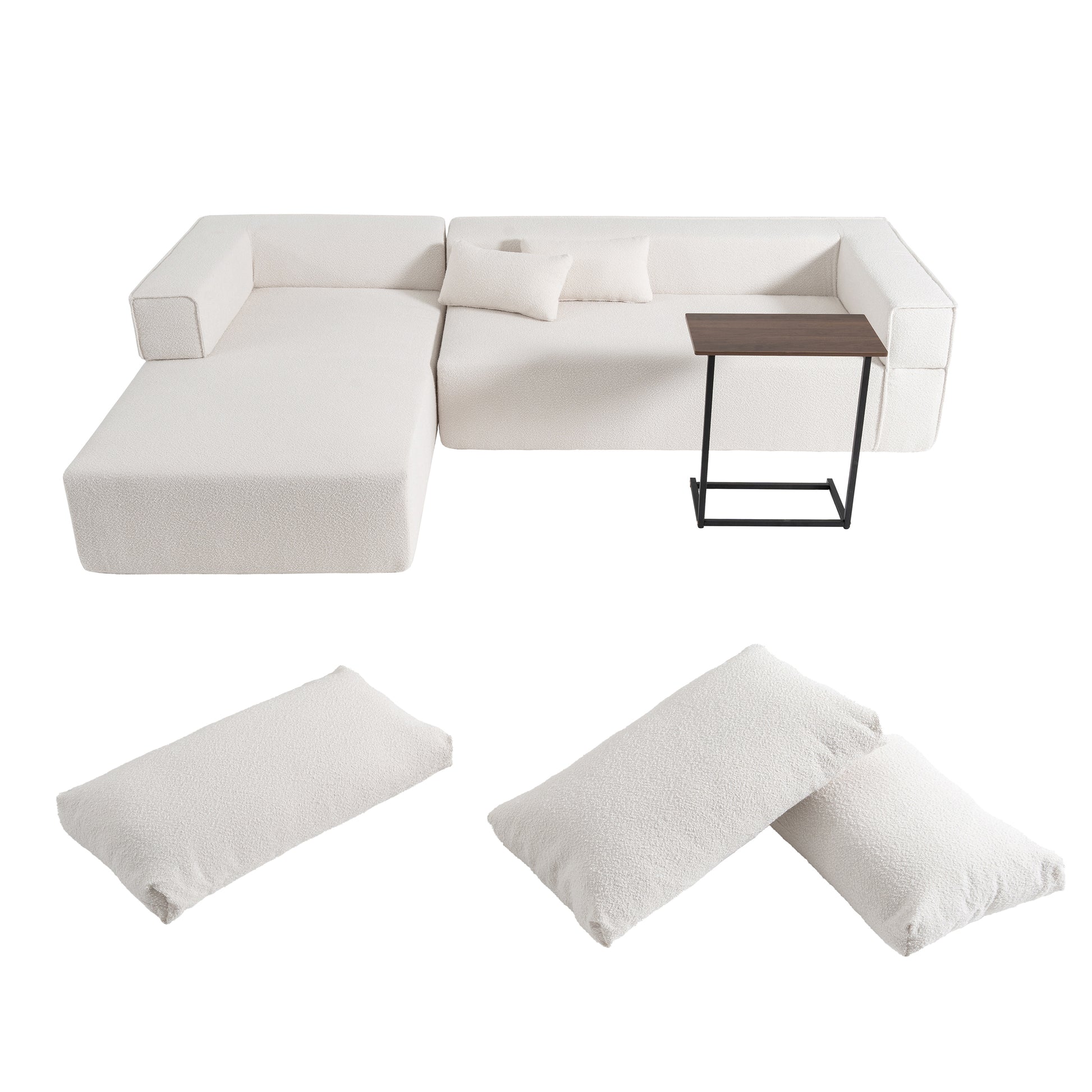 112'Modular Sectional Sofa with Free Side Table,Wide Seat,Fully Compressed,Wrinkle-resistant Boucle Fabric Couch with Chaise,Free Combination,L-Shaped Sofa for Living Room,No Assembly Required,3 Color63889052455297122