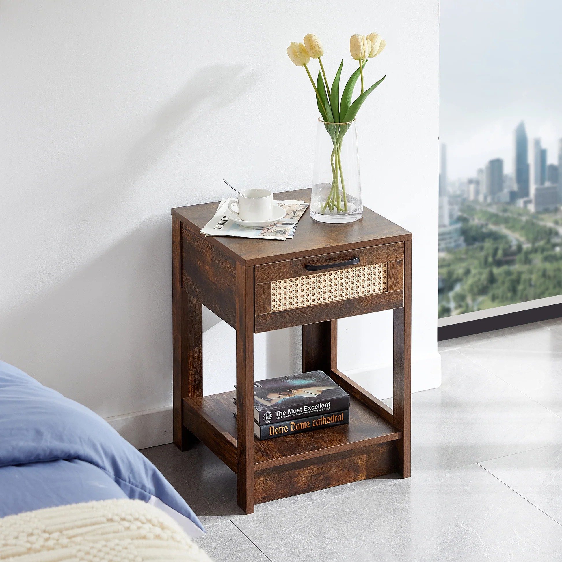 15.75' Rattan End table with drawer, Modern nightstand, side table for living room, bedroom,Rustic Brown W12657310963999277107842120