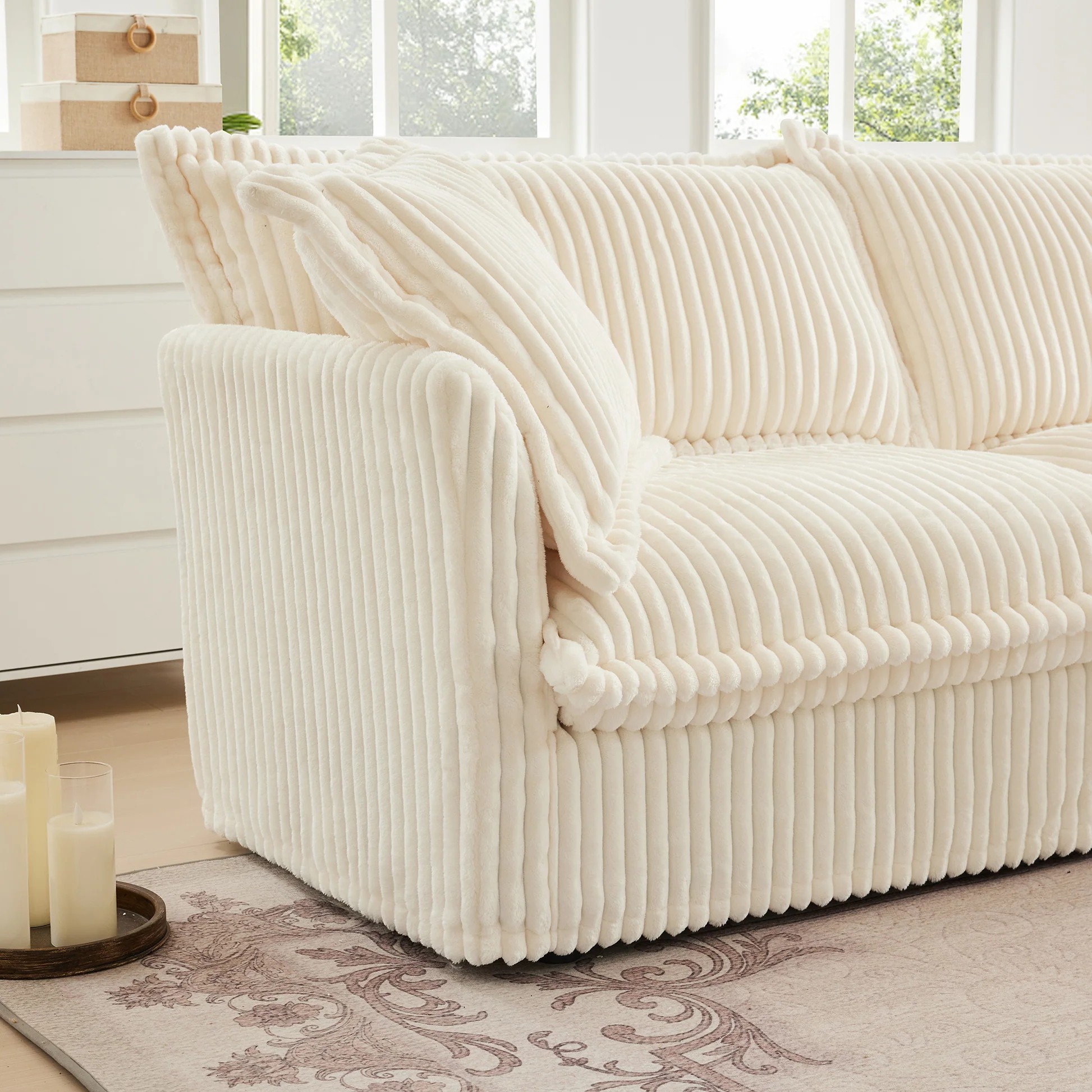 Slipcovered Sofa Couch, Modern 3 Seater Sofa with Suppleness Armrests,Deep Seat Sofa with Soft Multiple Big Pillows, Comfy Couch for Living Room, Apartment,Cream Corduroy Fabric W3041S0002063889101307009122