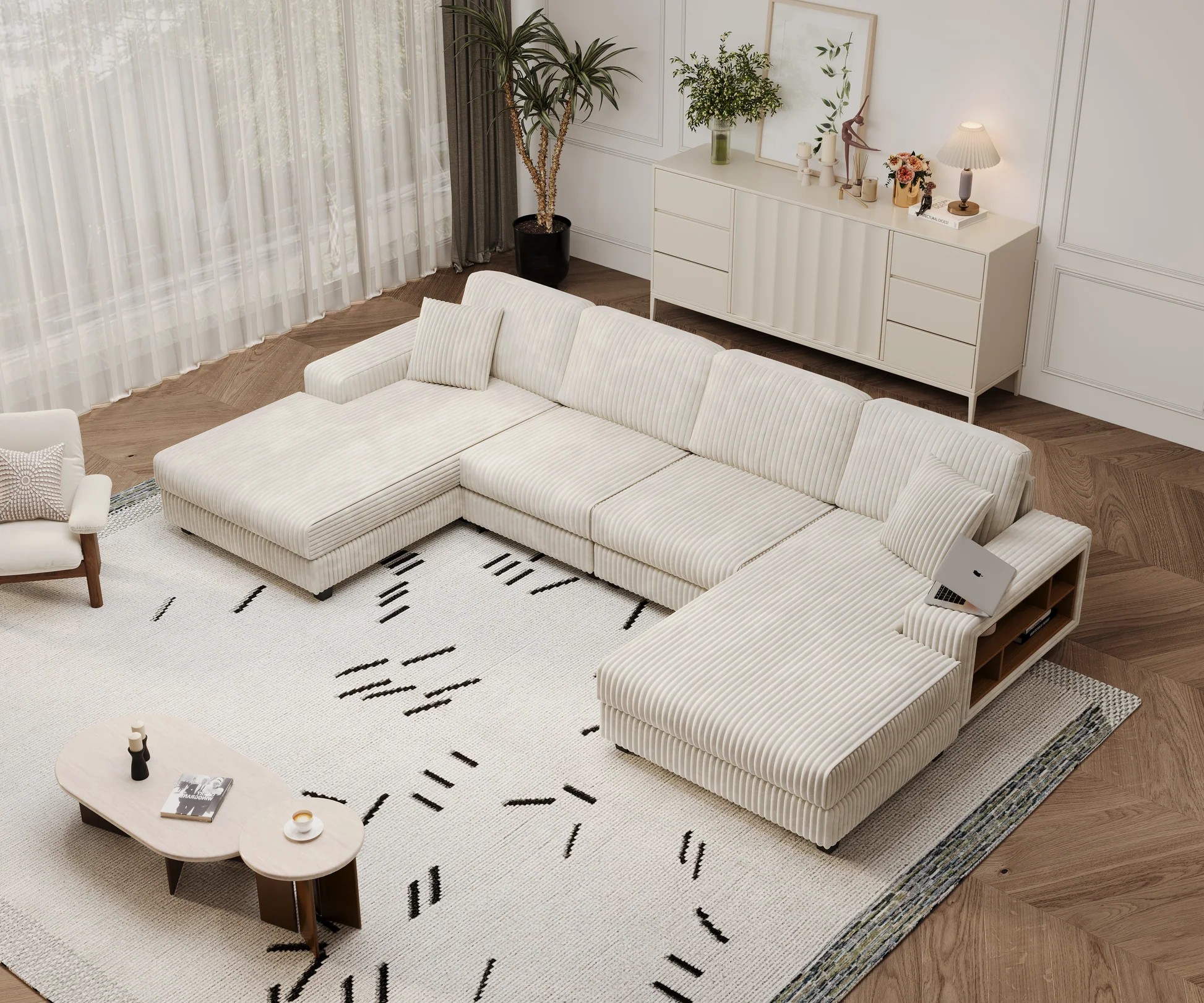Convertible U-shaped Combination Sofa, Corduroy Fabric, Modern Comfortable Large Size 4 Seat Sofa, Living Room Double Lounge Chair,Beige W1793S0002763889121819137121