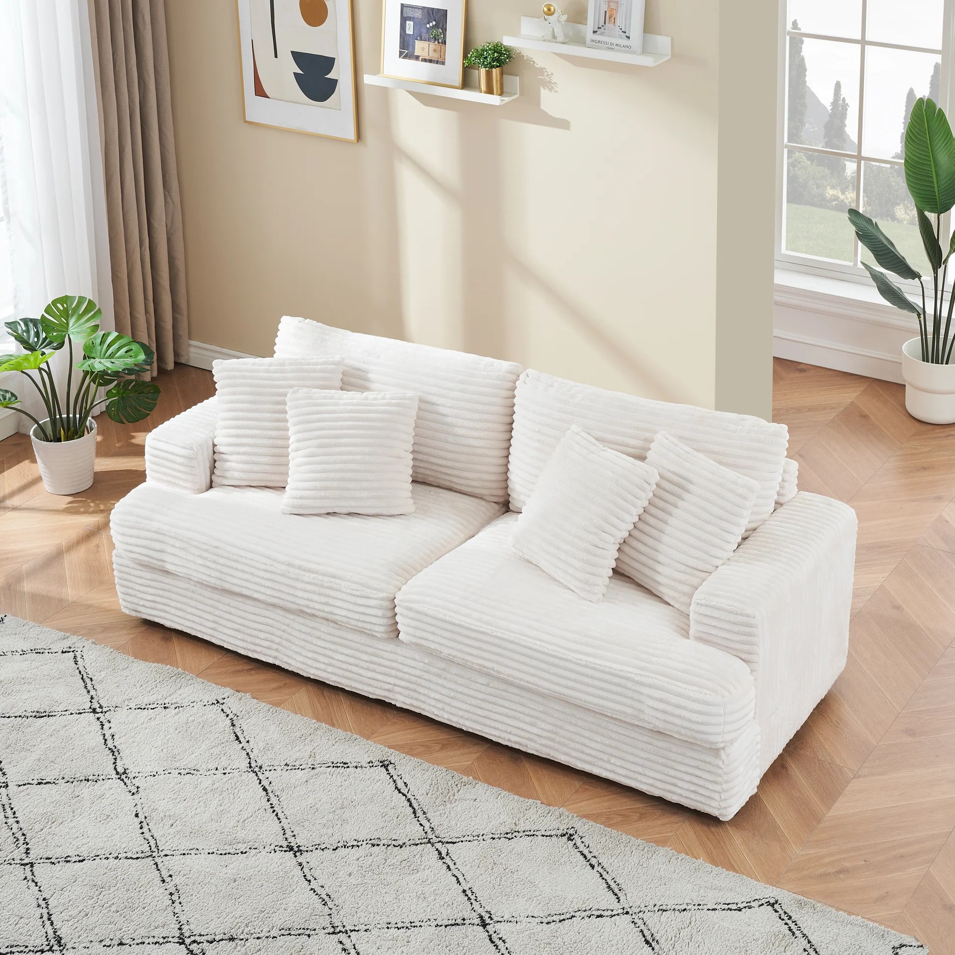 79.3 inches long, Corduroy Sofa, with 4 Matching Toss Pillows Sleek Design Spacious and Comfortable 3 Seater Couch for Modern Living Room,WHITE W1658S0004463888849946371121