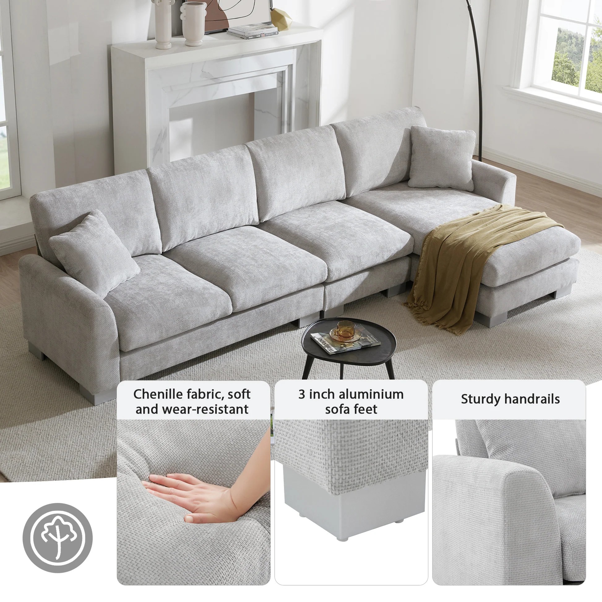 Sofá seccional moderno de gran tamaño 119*55', conjunto de sofá de lujo en forma de L con 2 almohadas gratis, mueble interior de 5 asientos de chenilla con chaise longue para sala de estar, apartamento, oficina, 2 colores GS006018AAE63888969523459121