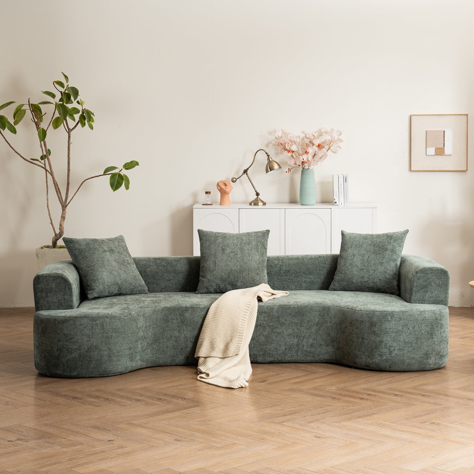 Modern Style Green Curved Sofa, Soft Corduroy Sofa with 3 Pillows, Living Room Milky White Ultra Smooth Curved Fabric Sofa W2012S0000663876421926403121
