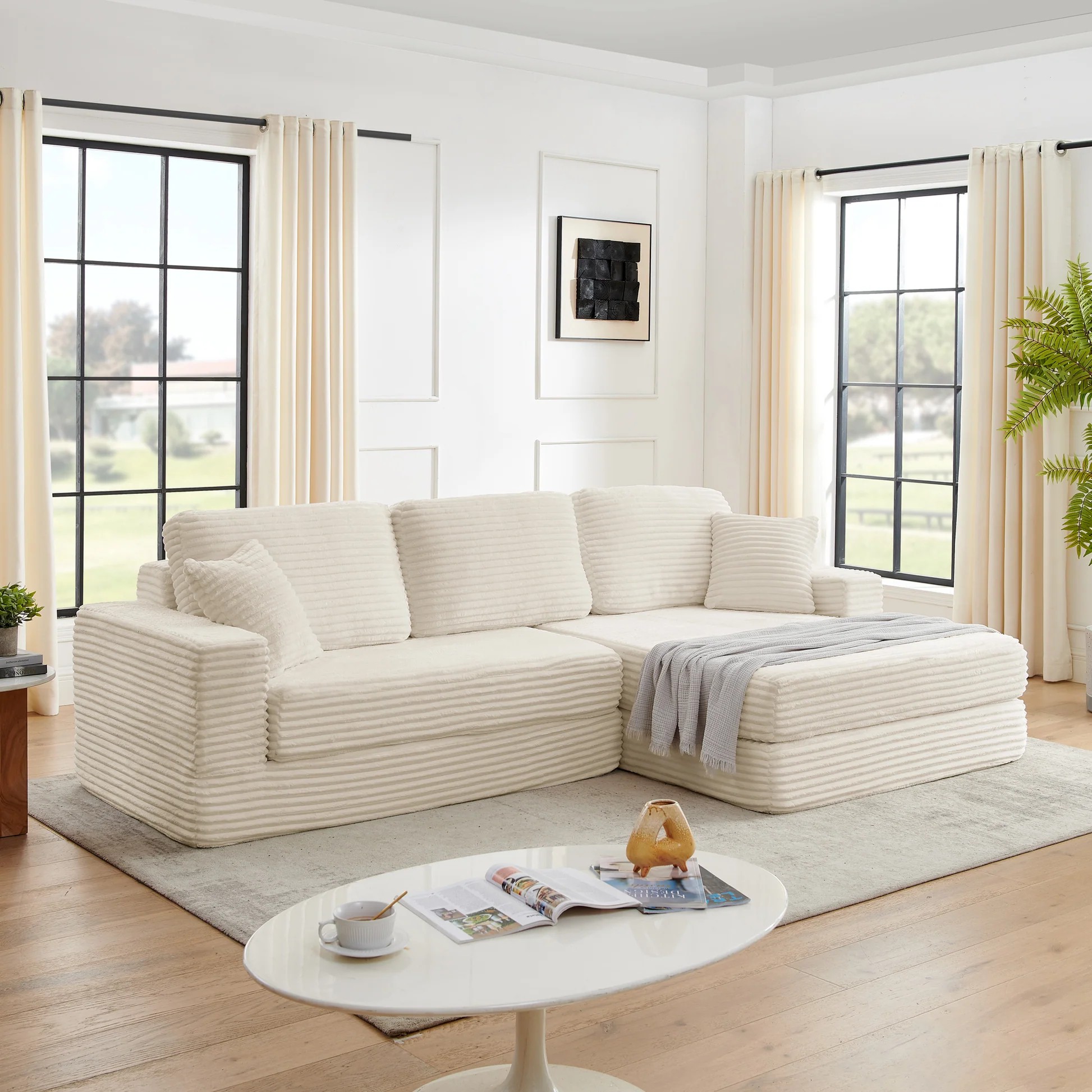 Modern Minimalist Corduroy L-Shaped Modular Sectional Sofa Bed, Beige, Foam Interior W487S0030163889111679875121